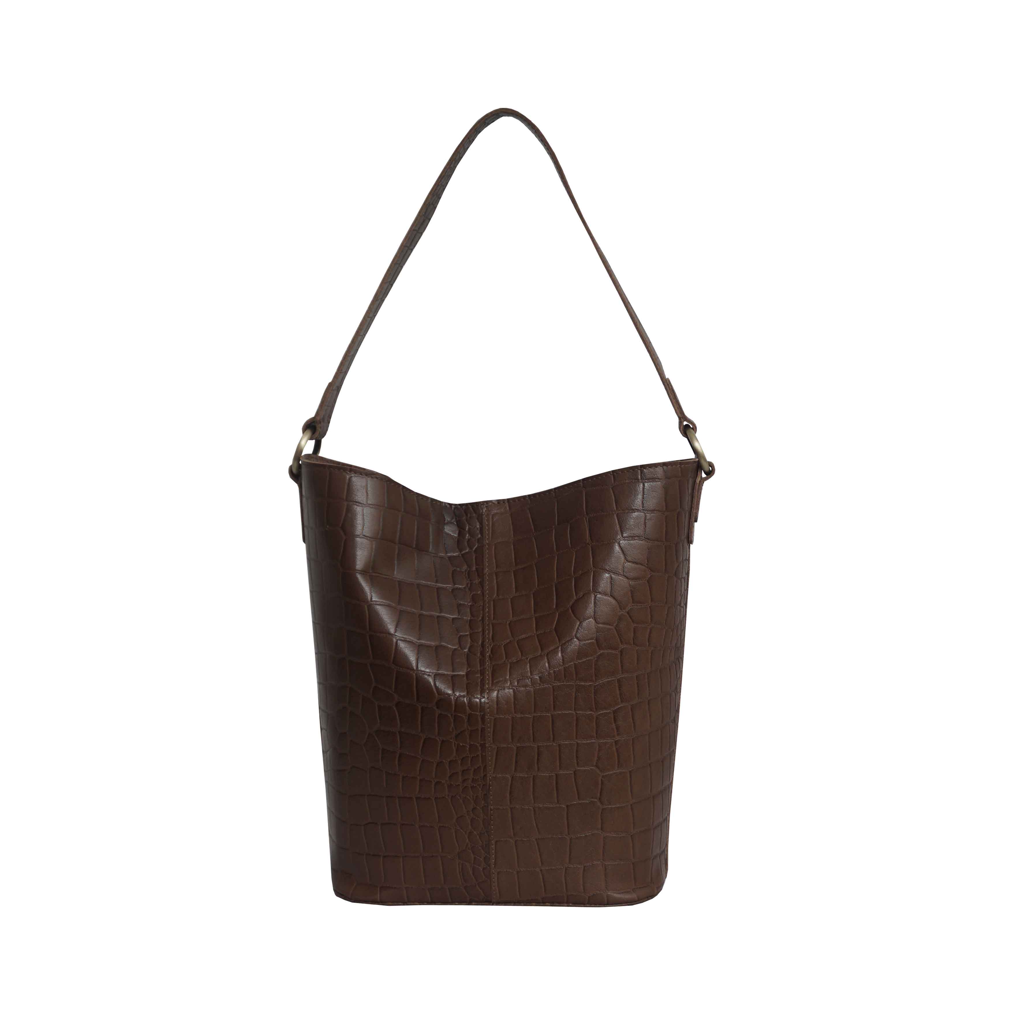 'AMELIA' Tan Real Croc Leather Large Capacity Bucket Bag
