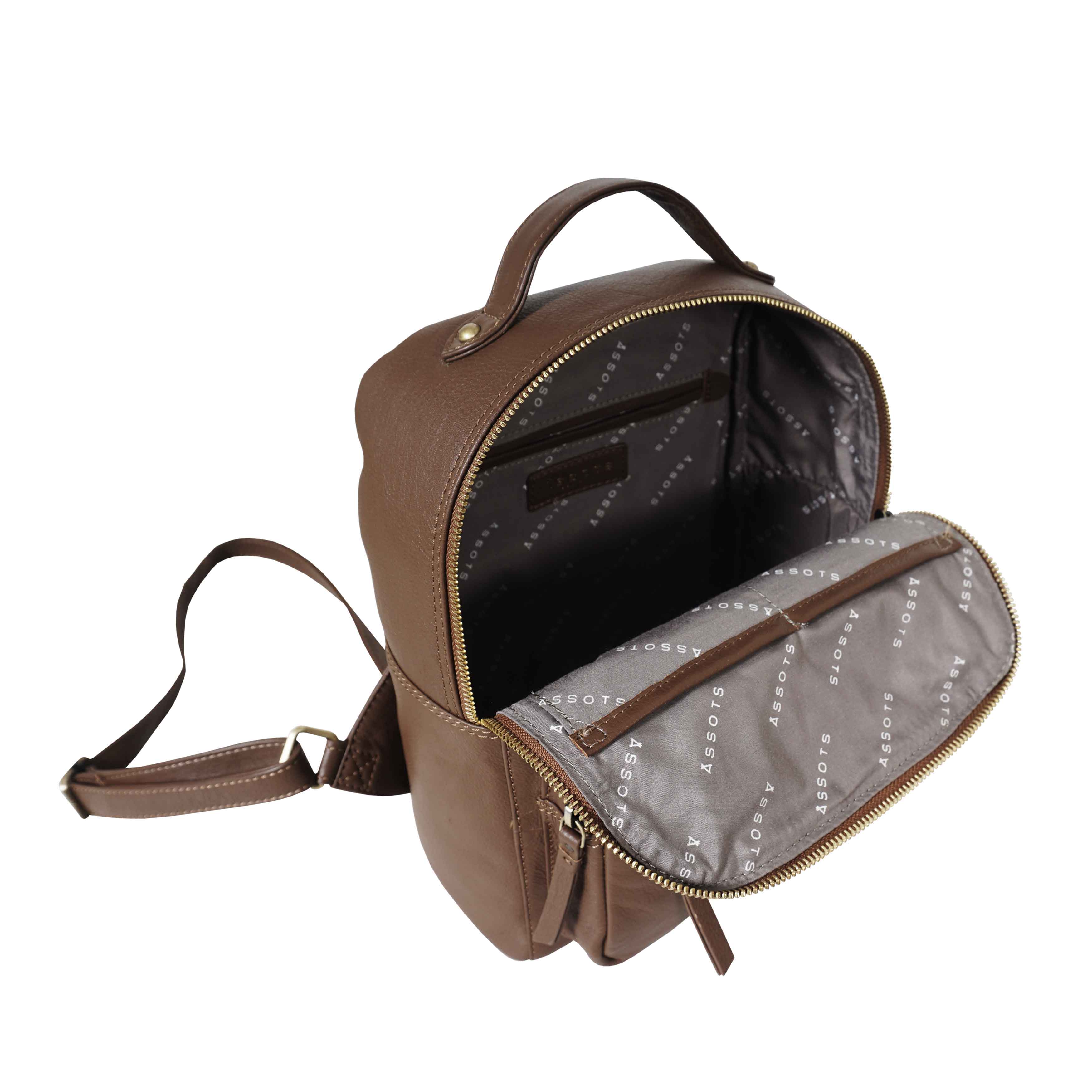 'ANGEL' Tan Pebble Grain Real Leather Zip-top Backpack