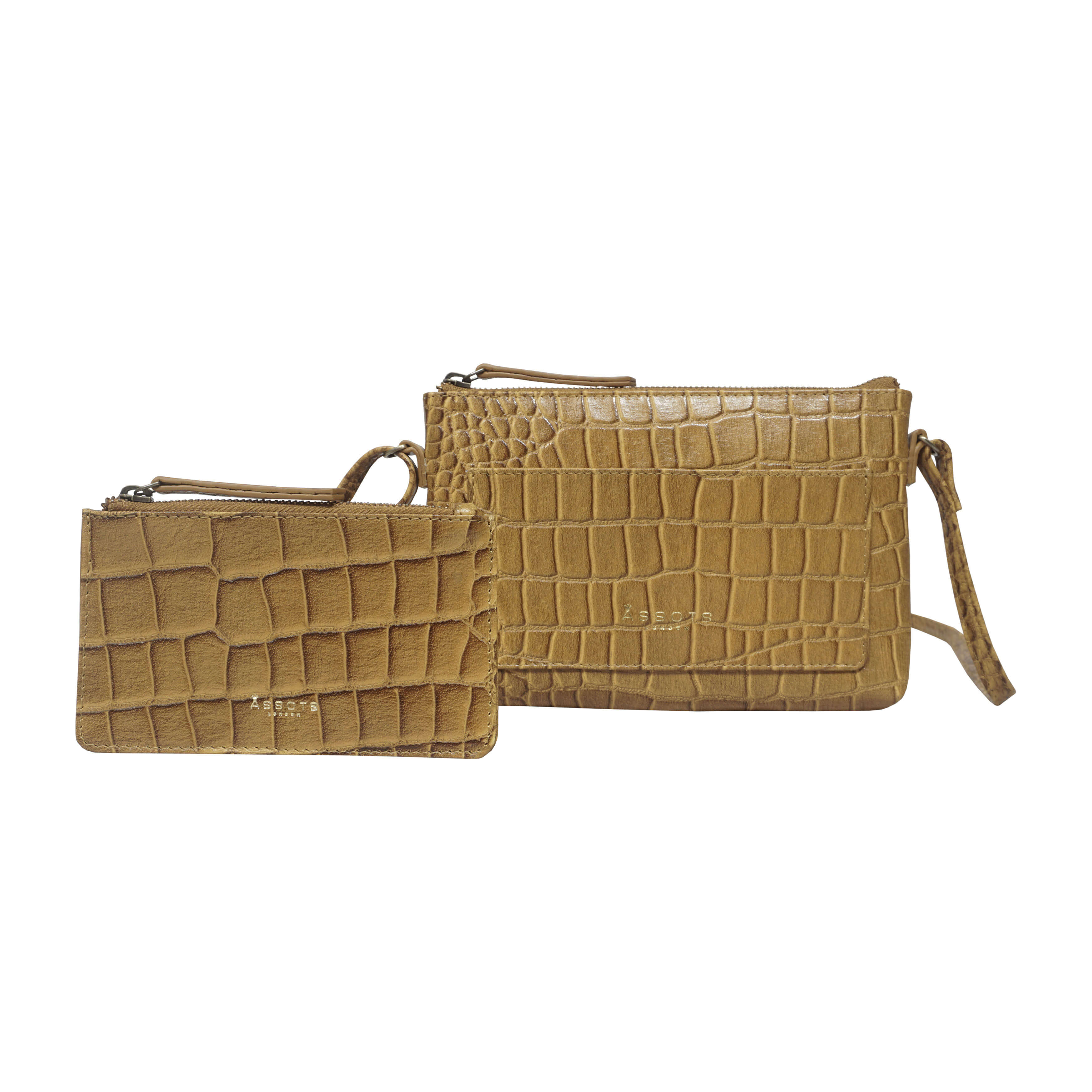 'ARIA' Mustard Croc Real Leather Crossbody Bag & Purse Set