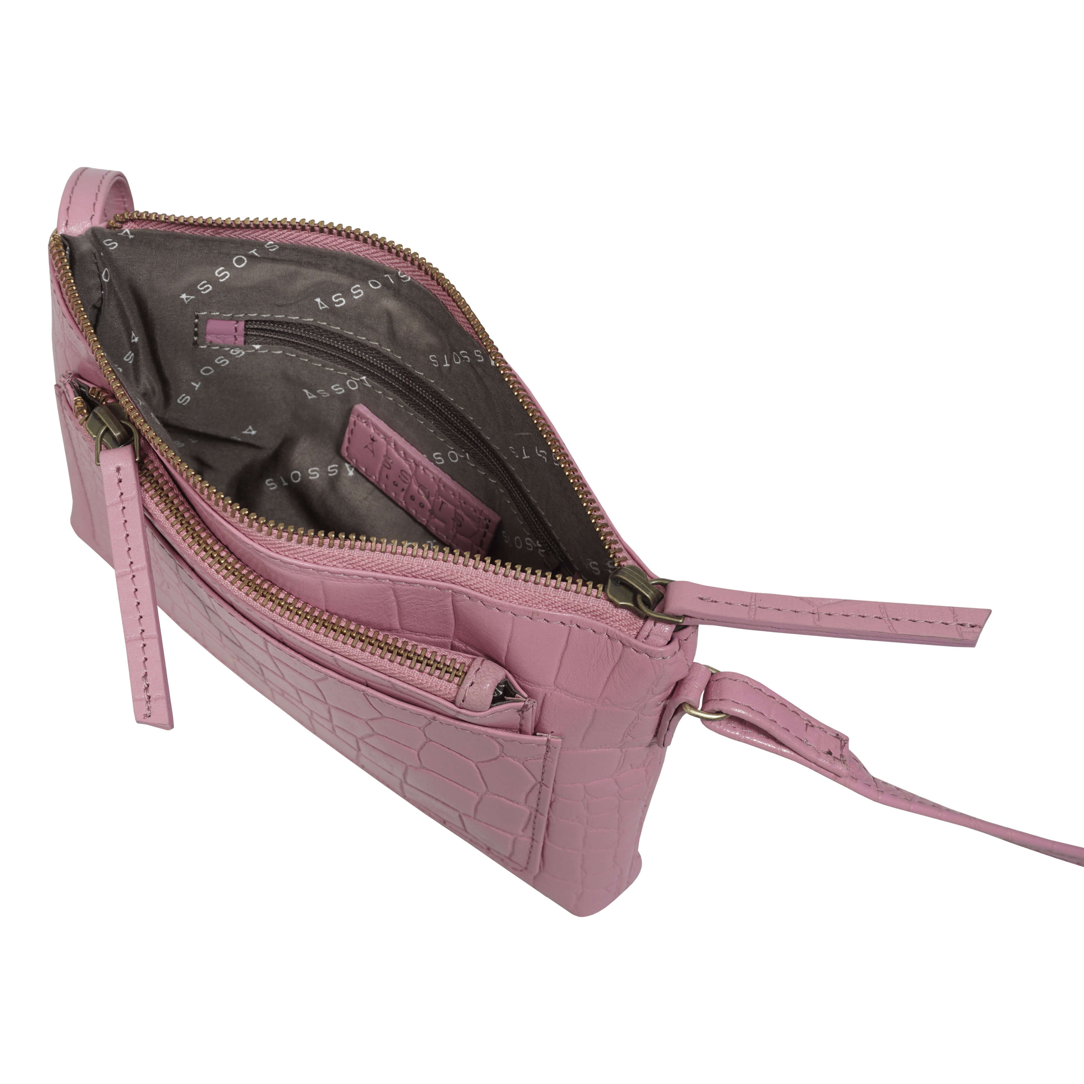 'ARIA' Pink Croc Real Leather Crossbody Bag & Purse Set