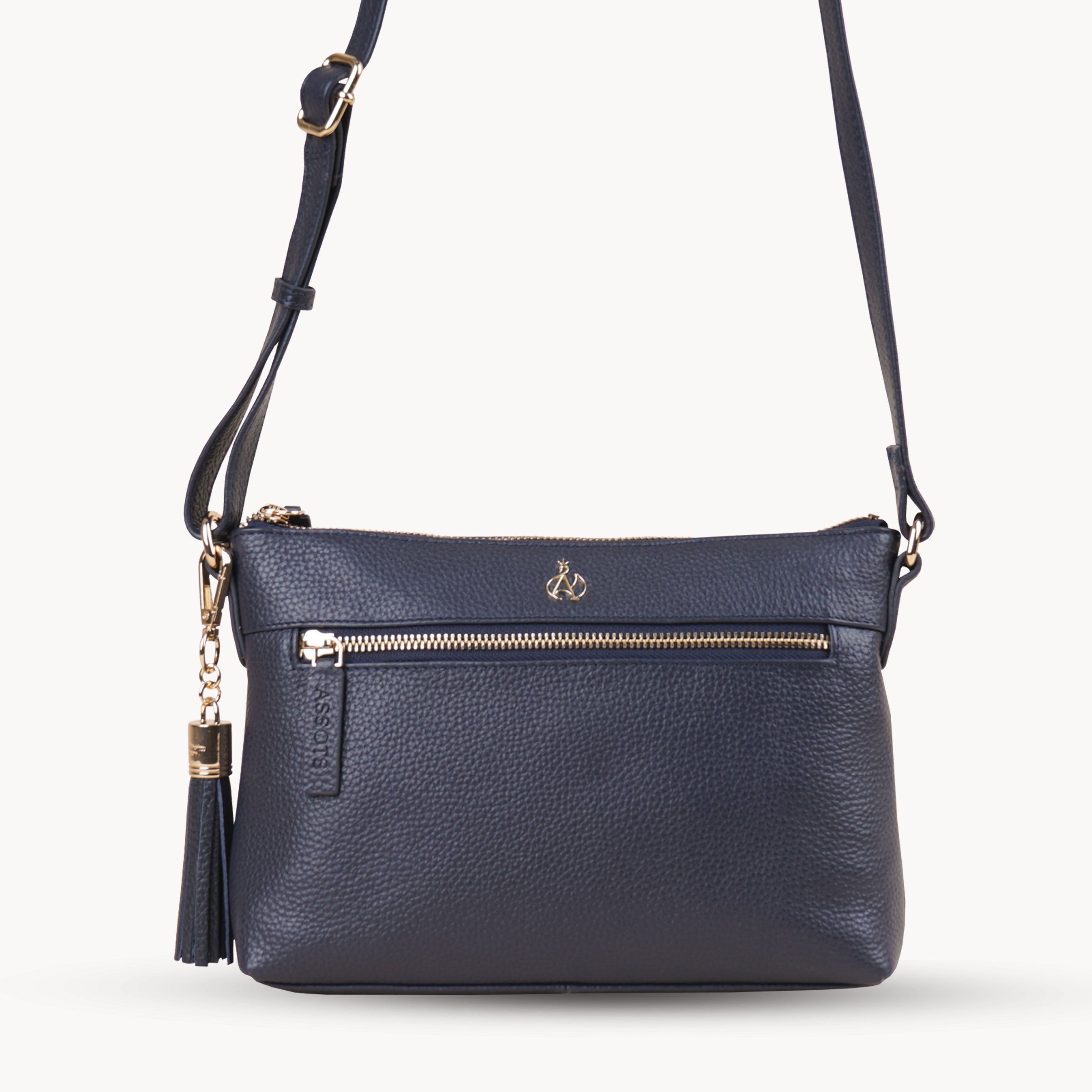 'BECKY' Navy Pebble Grain Real Leather Crossbody Bag
