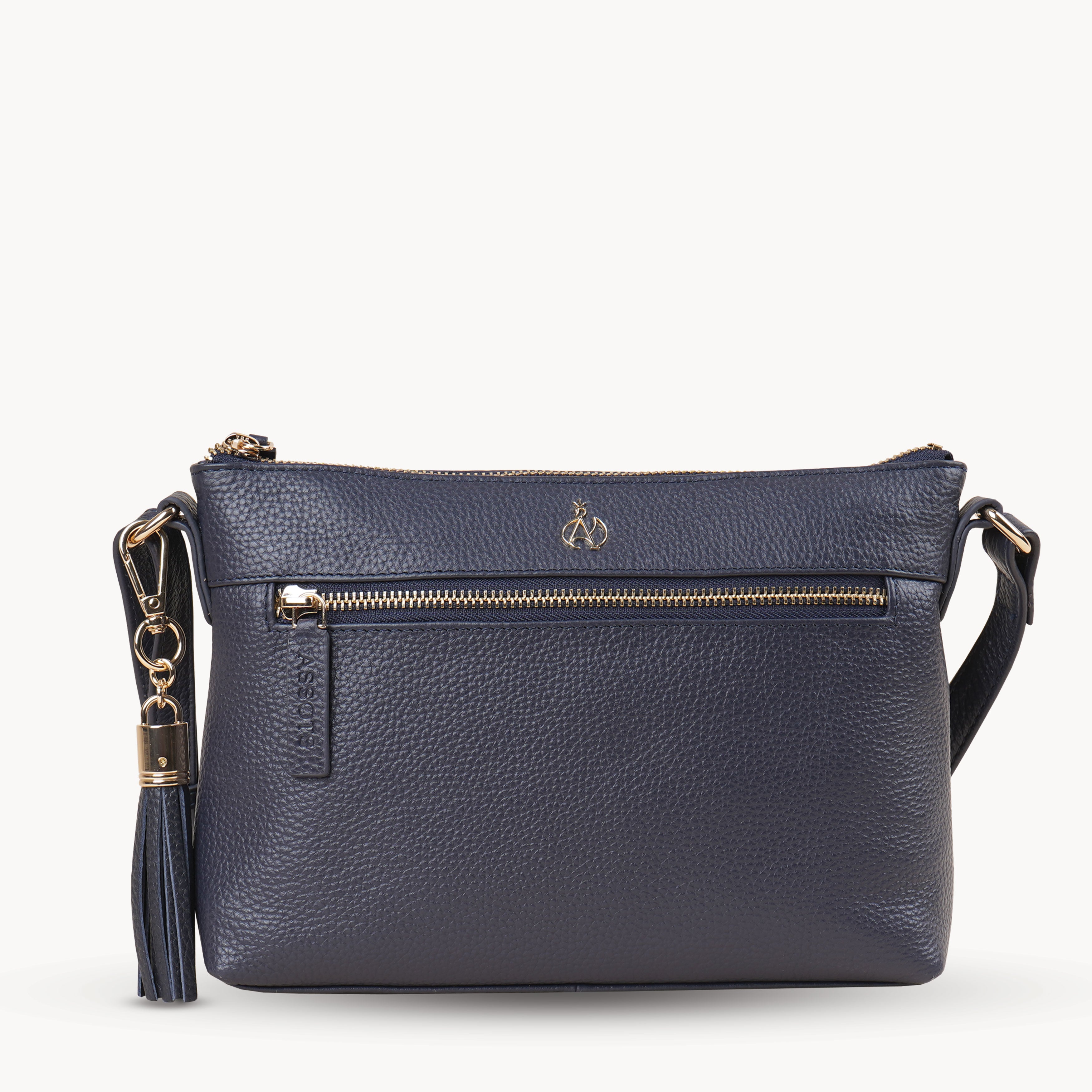 'BECKY' Navy Pebble Grain Real Leather Crossbody Bag