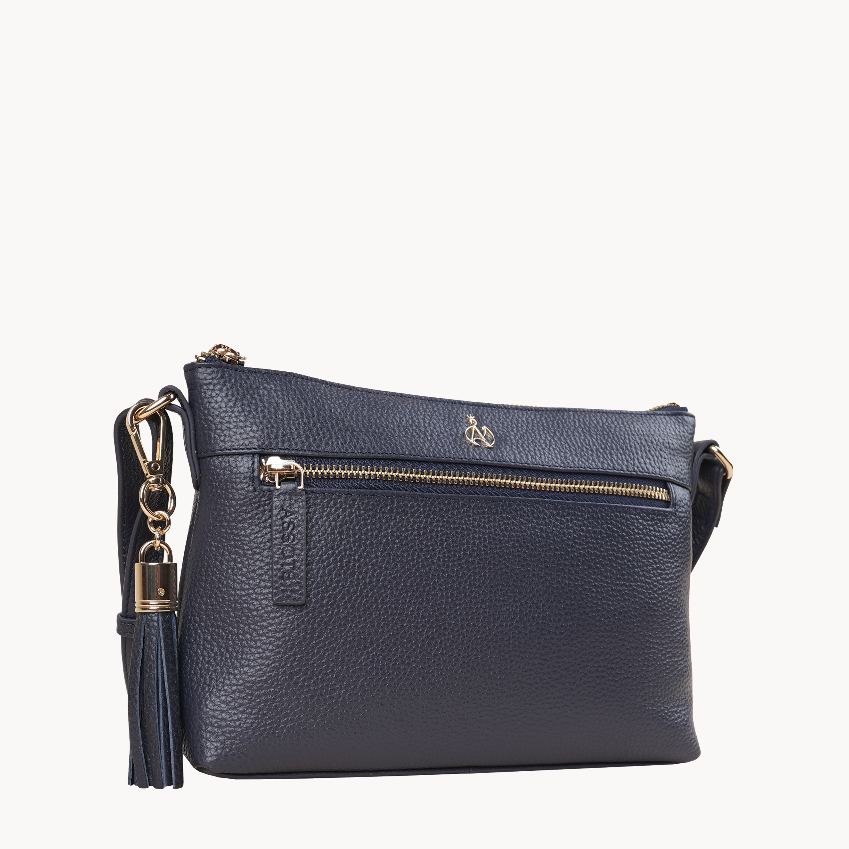 'BECKY' Navy Pebble Grain Real Leather Crossbody Bag