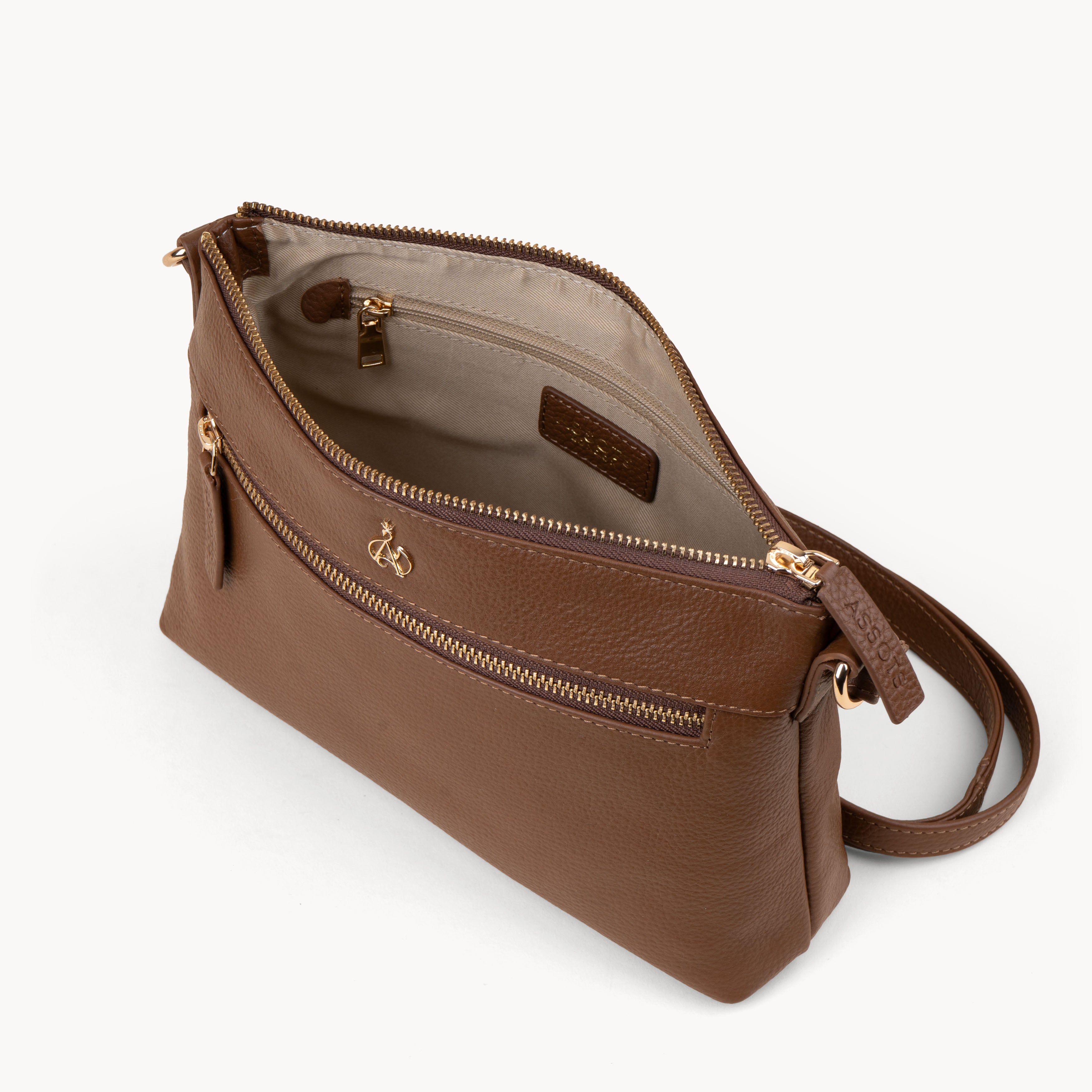 'BECKY' Tan Pebble Grain Real Leather Crossbody Bag