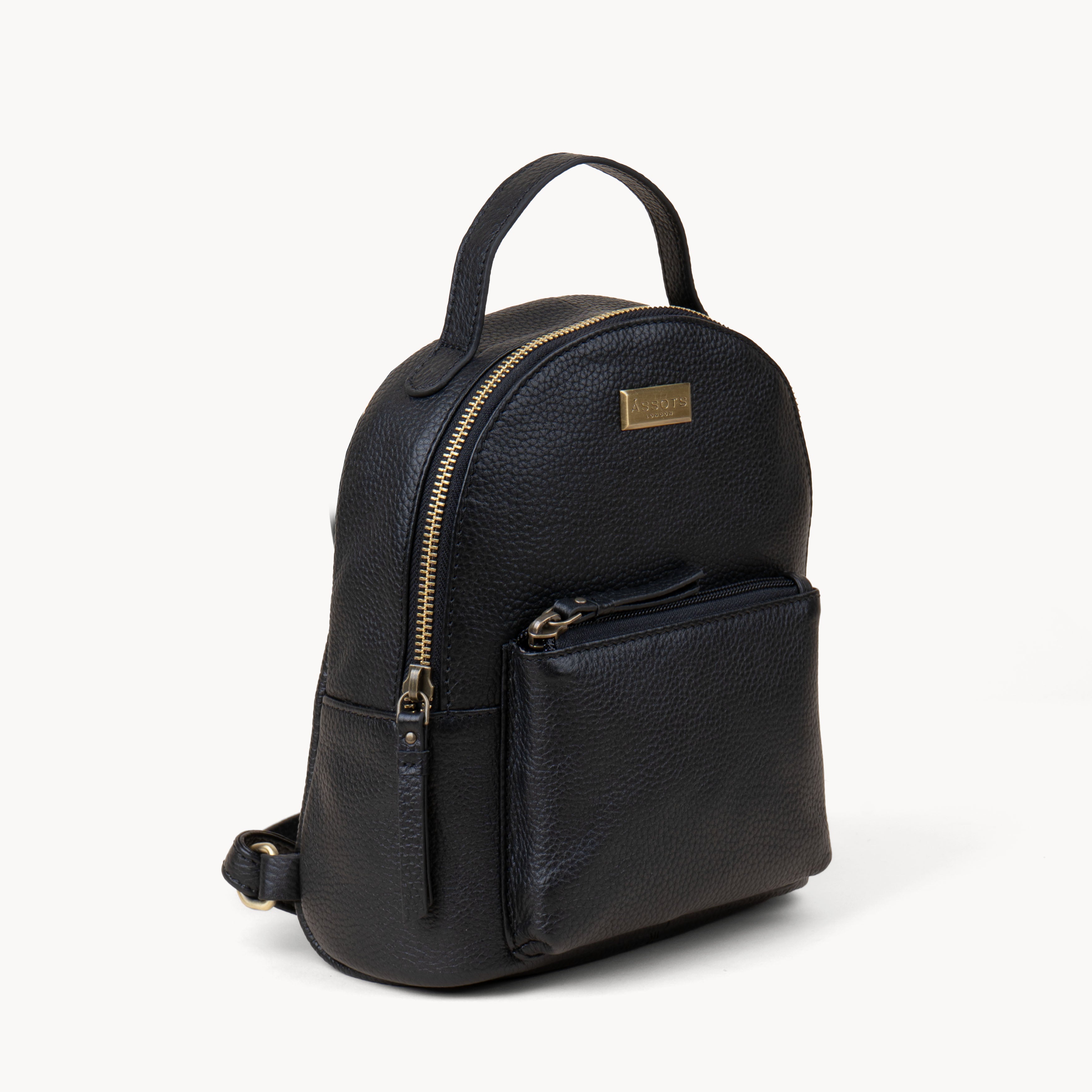 'Betty' Black Zip Top Mini Pebble Grain Leather Backpack