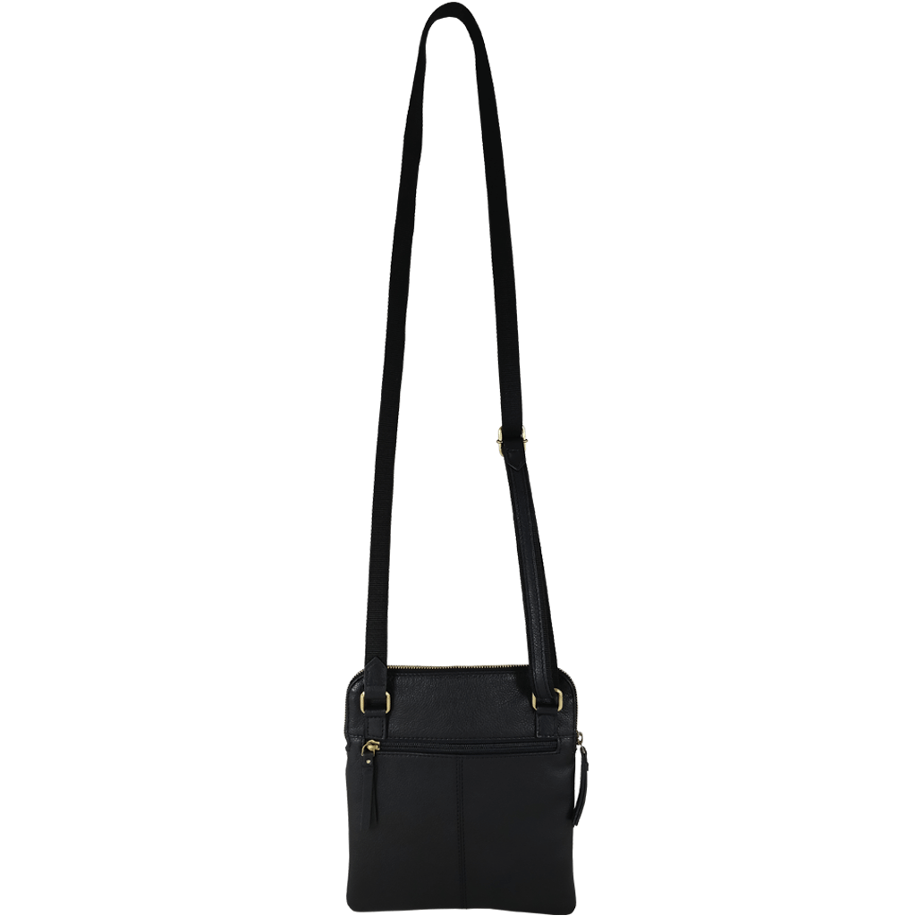 'ELSIE' Black Pebble Grain Leather Zip Top Crossbody Bag