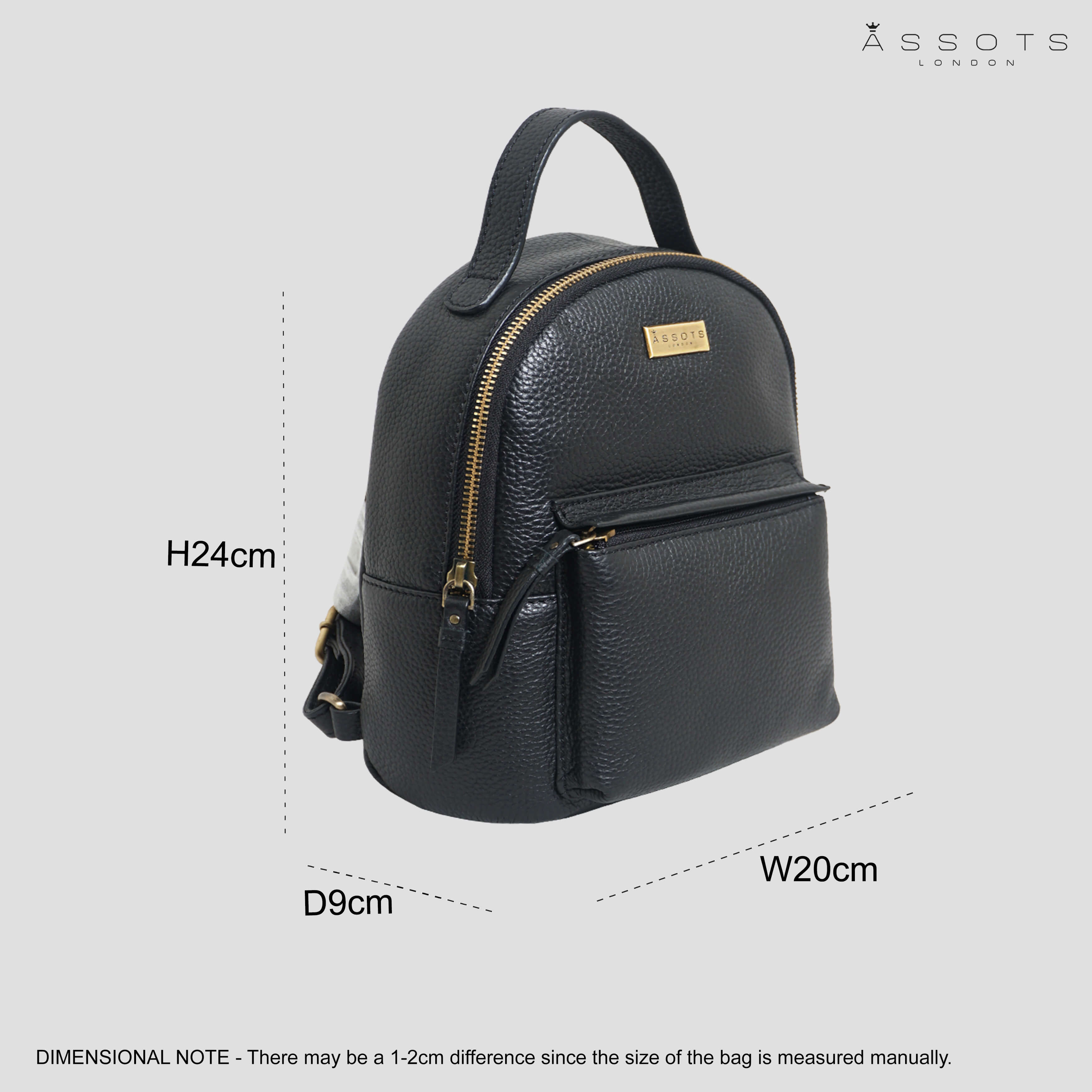 'Betty' Black Zip Top Mini Pebble Grain Leather Backpack