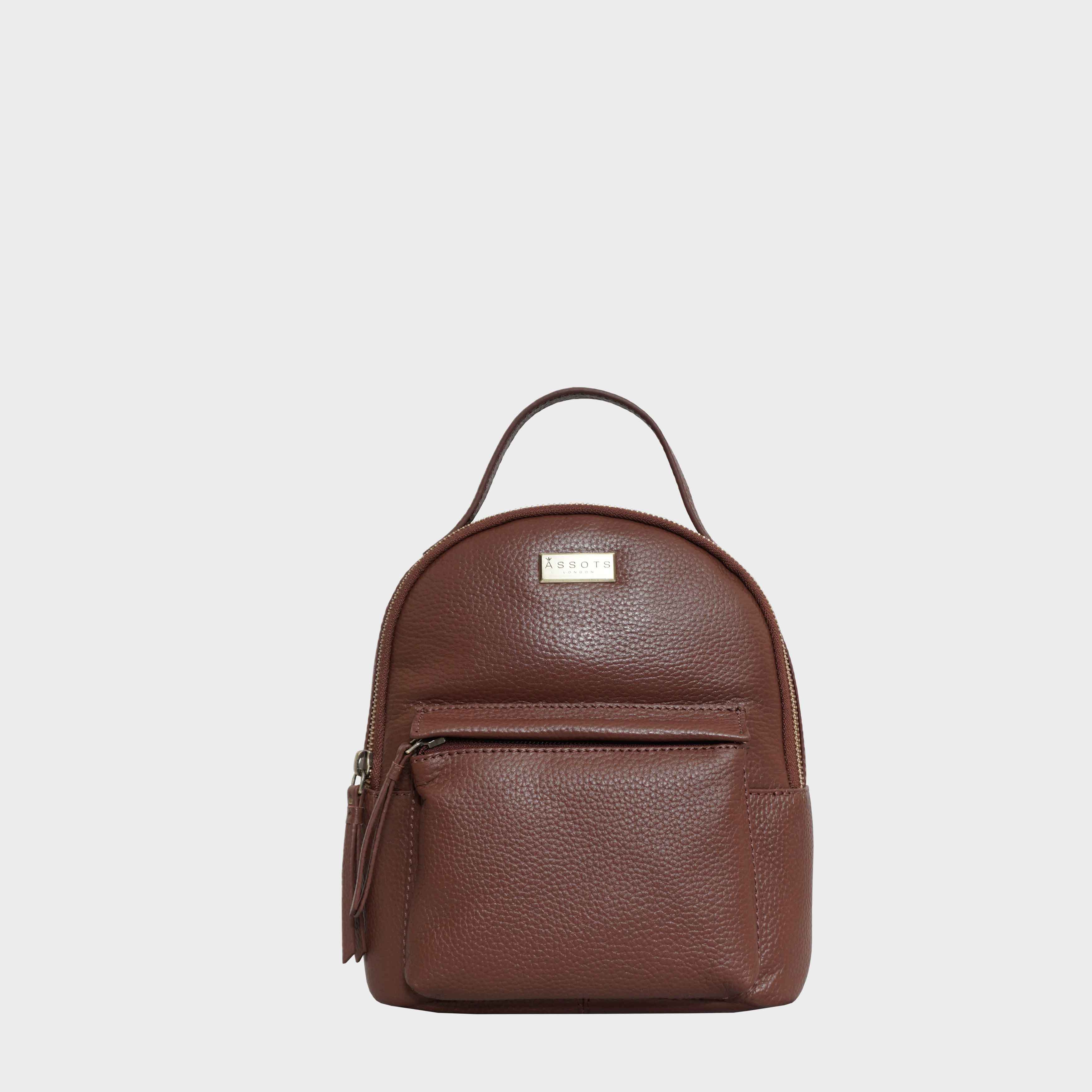 'Betty' Tan Zip Top Mini Pebble Grain Leather Backpack