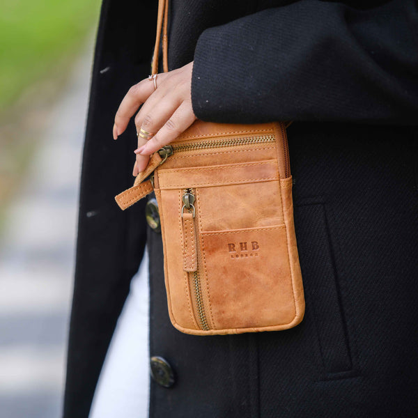 'BROOKE' Tan Distressed Real Leather Mobile Phone Crossbody Bag