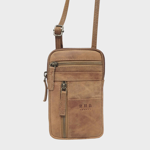 'BROOKE' Tan Distressed Real Leather Mobile Phone Crossbody Bag