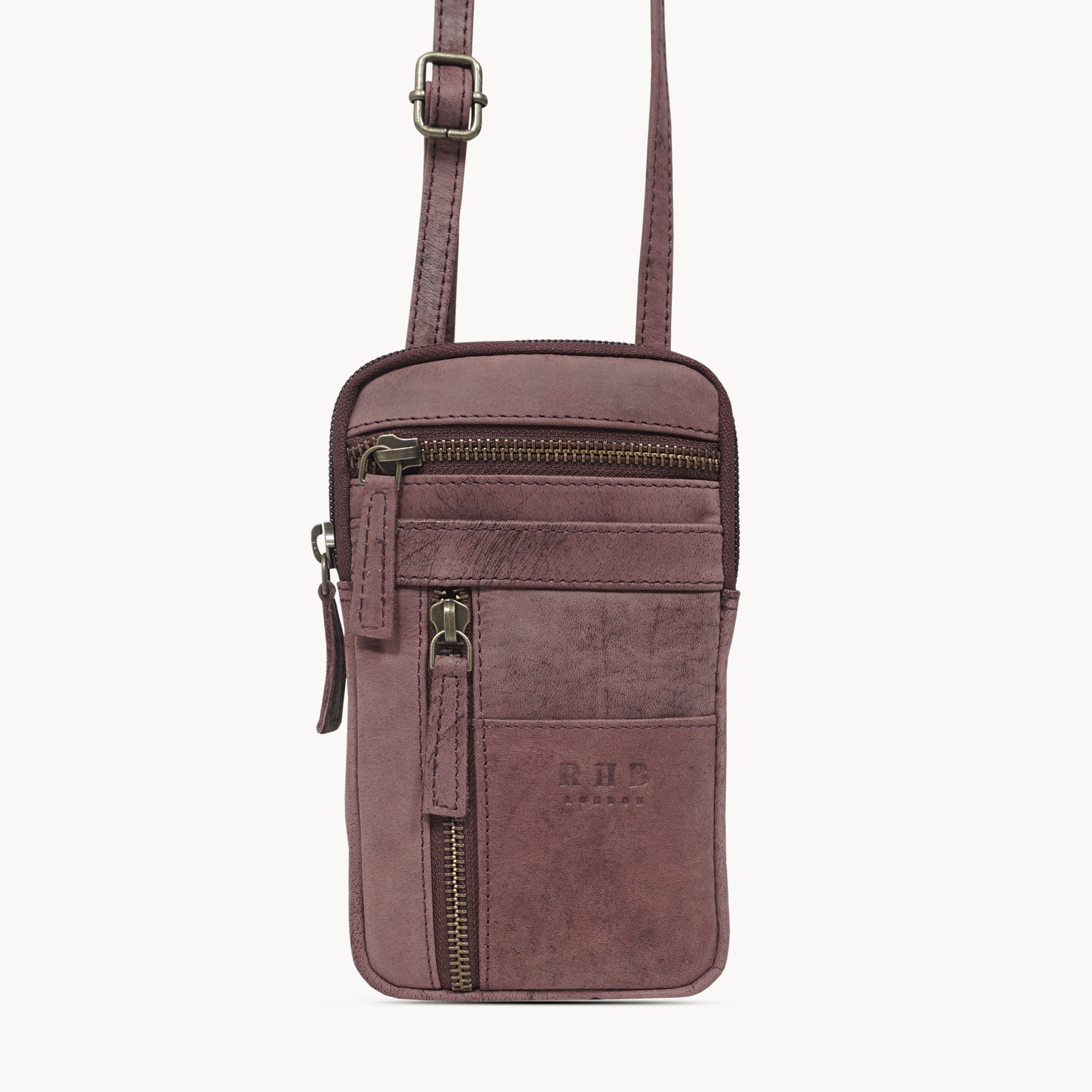 'BROOKE' Plum Distressed Real Leather Mobile Phone Crossbody Bag