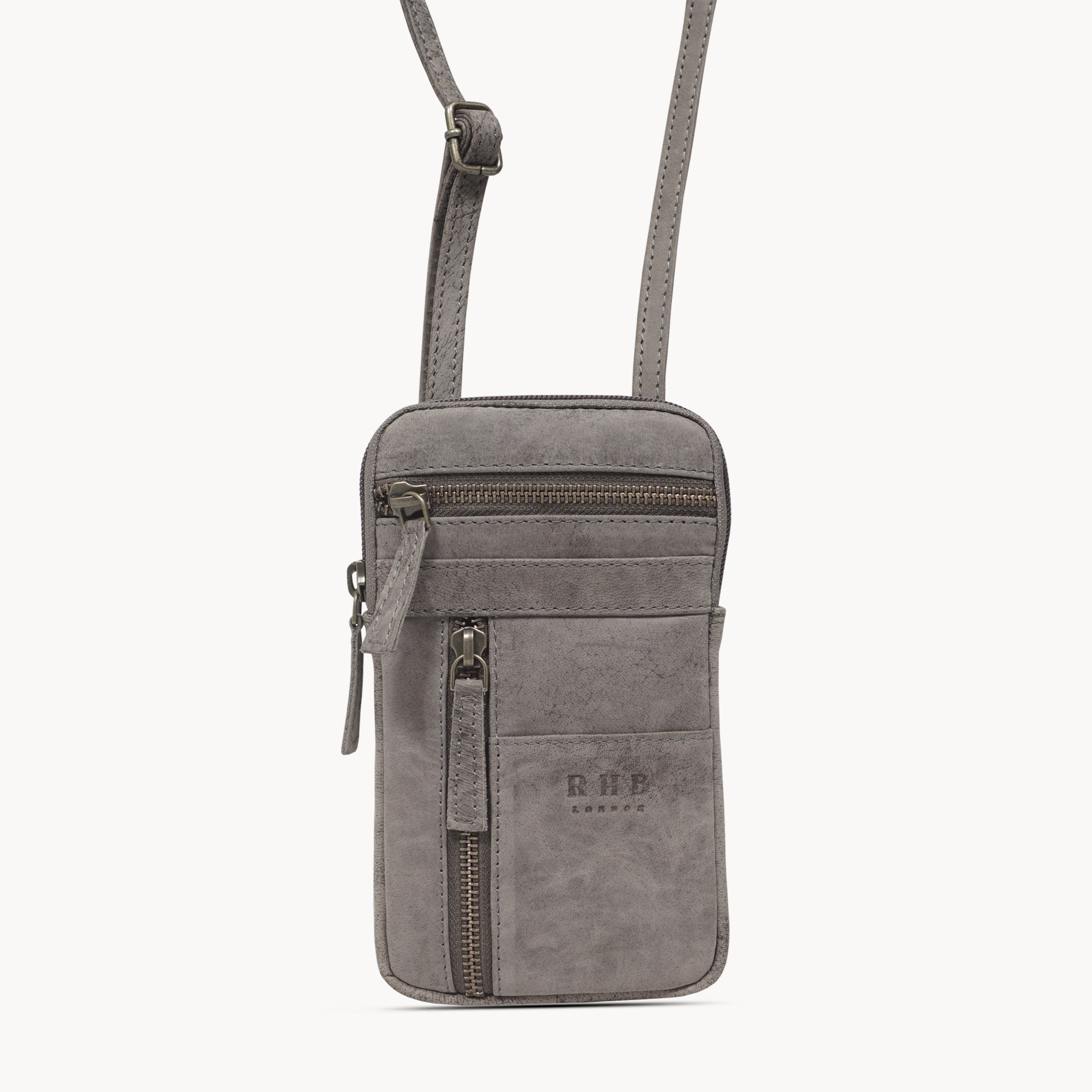 'BROOKE' Grey Distressed Real Leather Mobile Phone Crossbody Bag