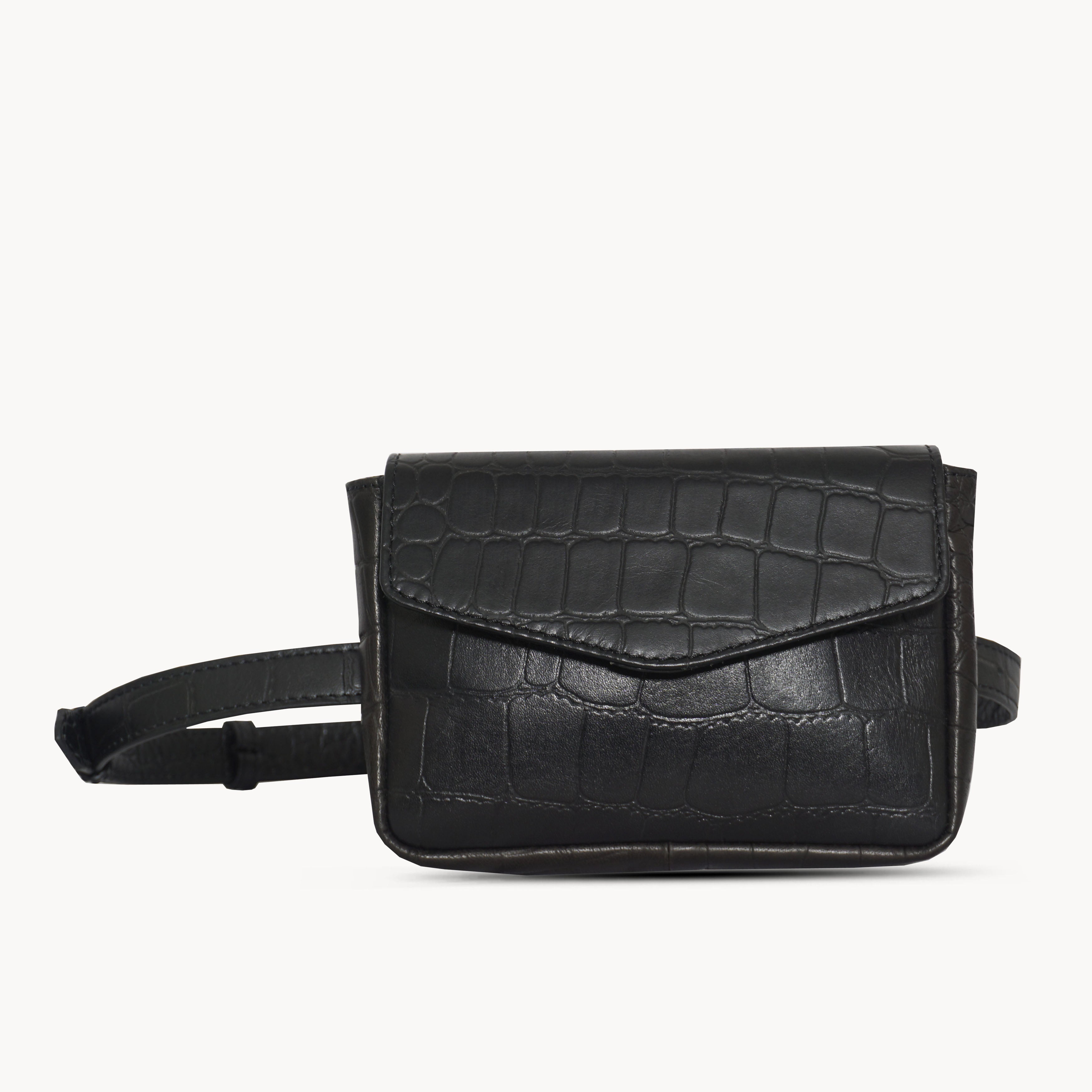 'CAMELLA' Black Croc Leather Bum Belt Waist Festival Bag