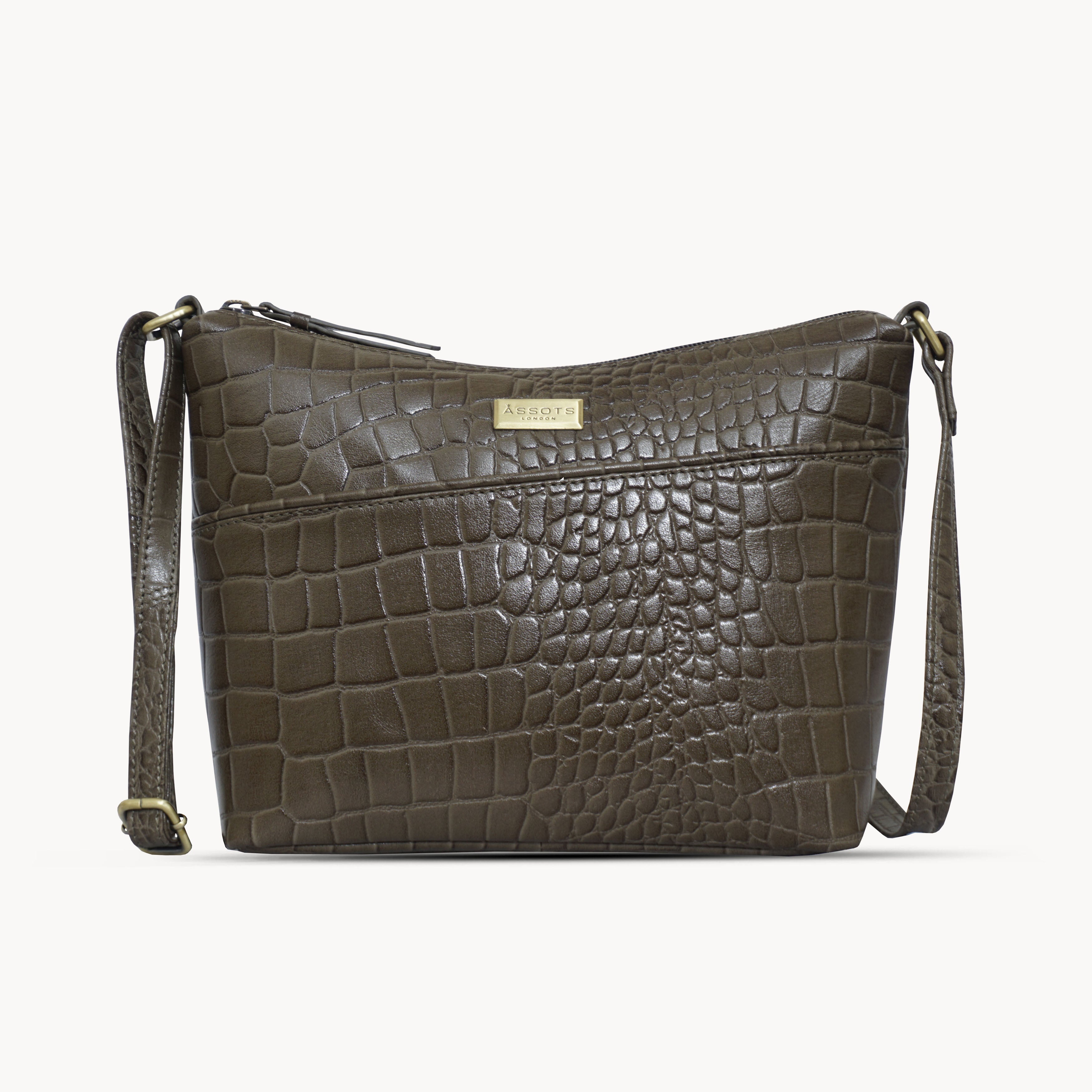 'CAROL' Olive Green Croc Real Leather Designer Crossbody Shoulder Bag