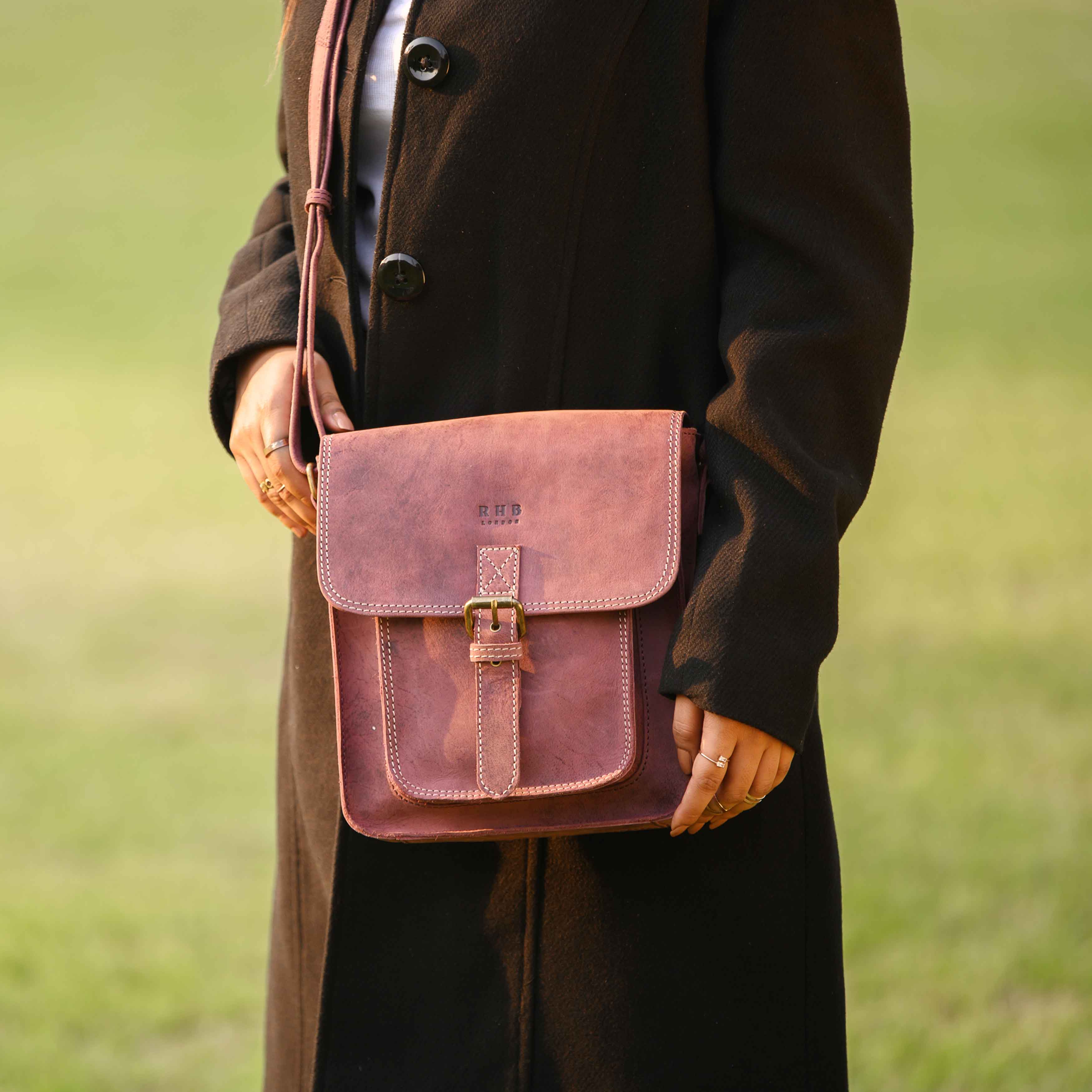 'CAROLYN' Plum Distressed Real Leather iPad Tablet Crossbody Bag
