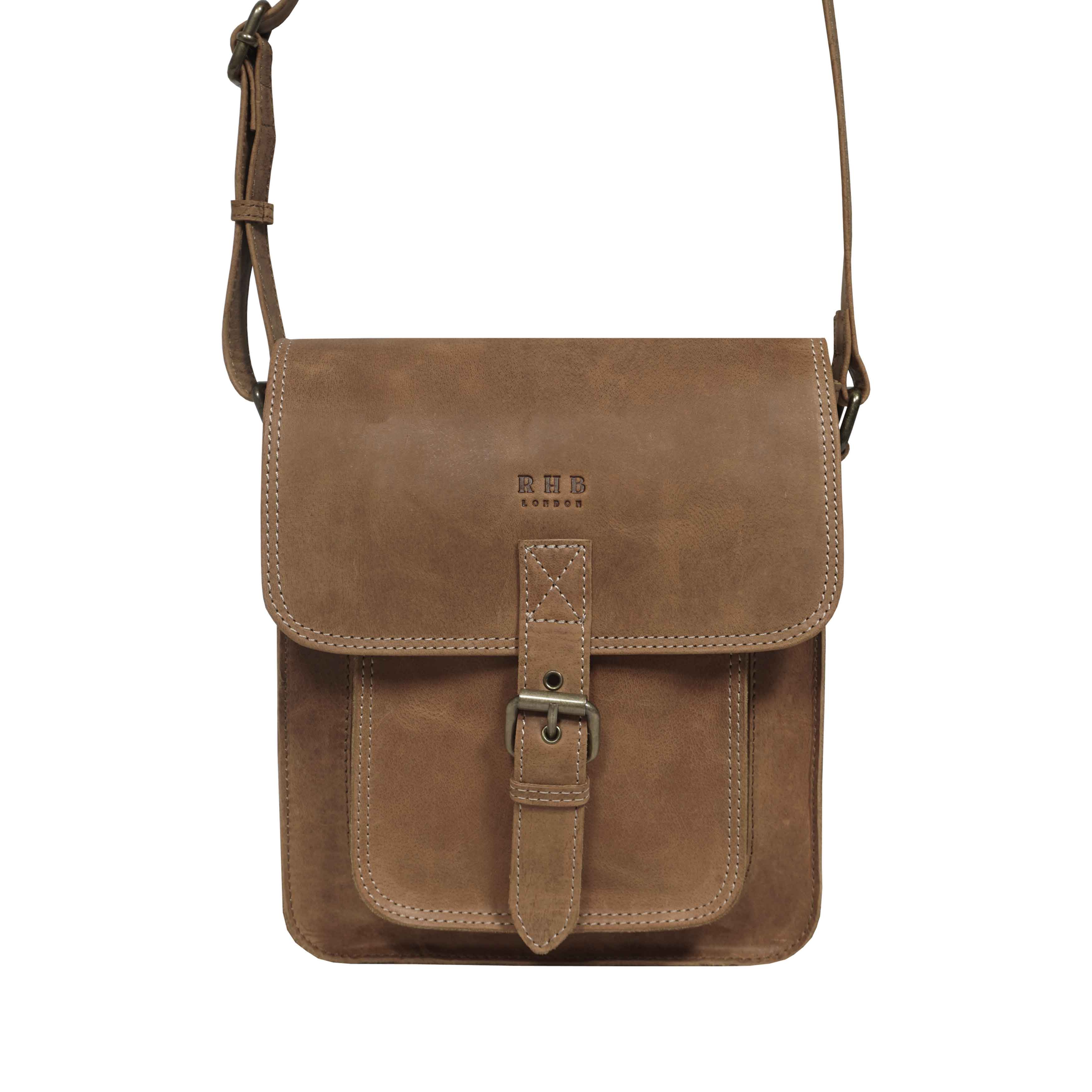 'CAROLYN' Tan Distressed Real Leather iPad Tablet Crossbody Bag