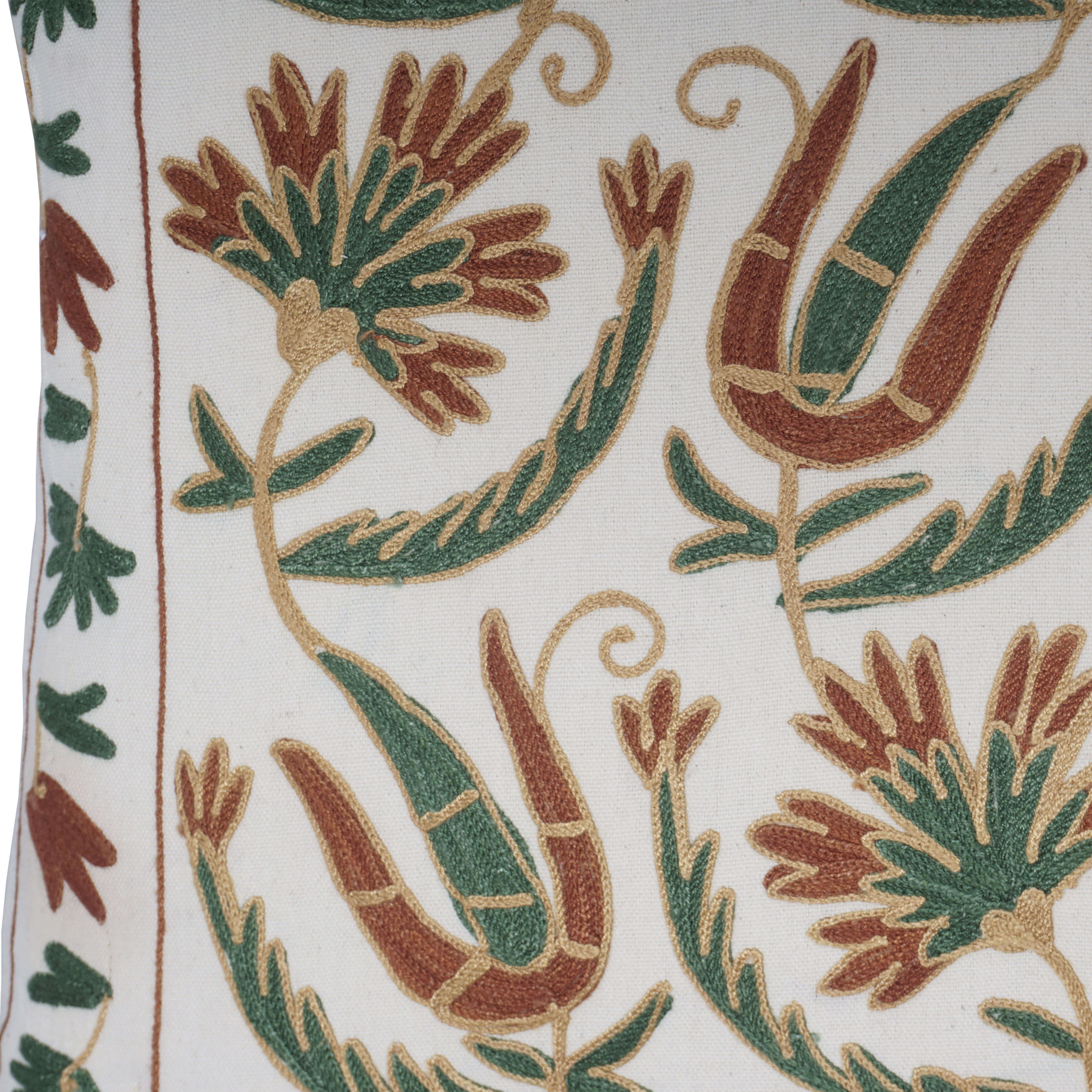 Handmade Floral Embroidered Cotton Cushion Cover (Green & Brown)