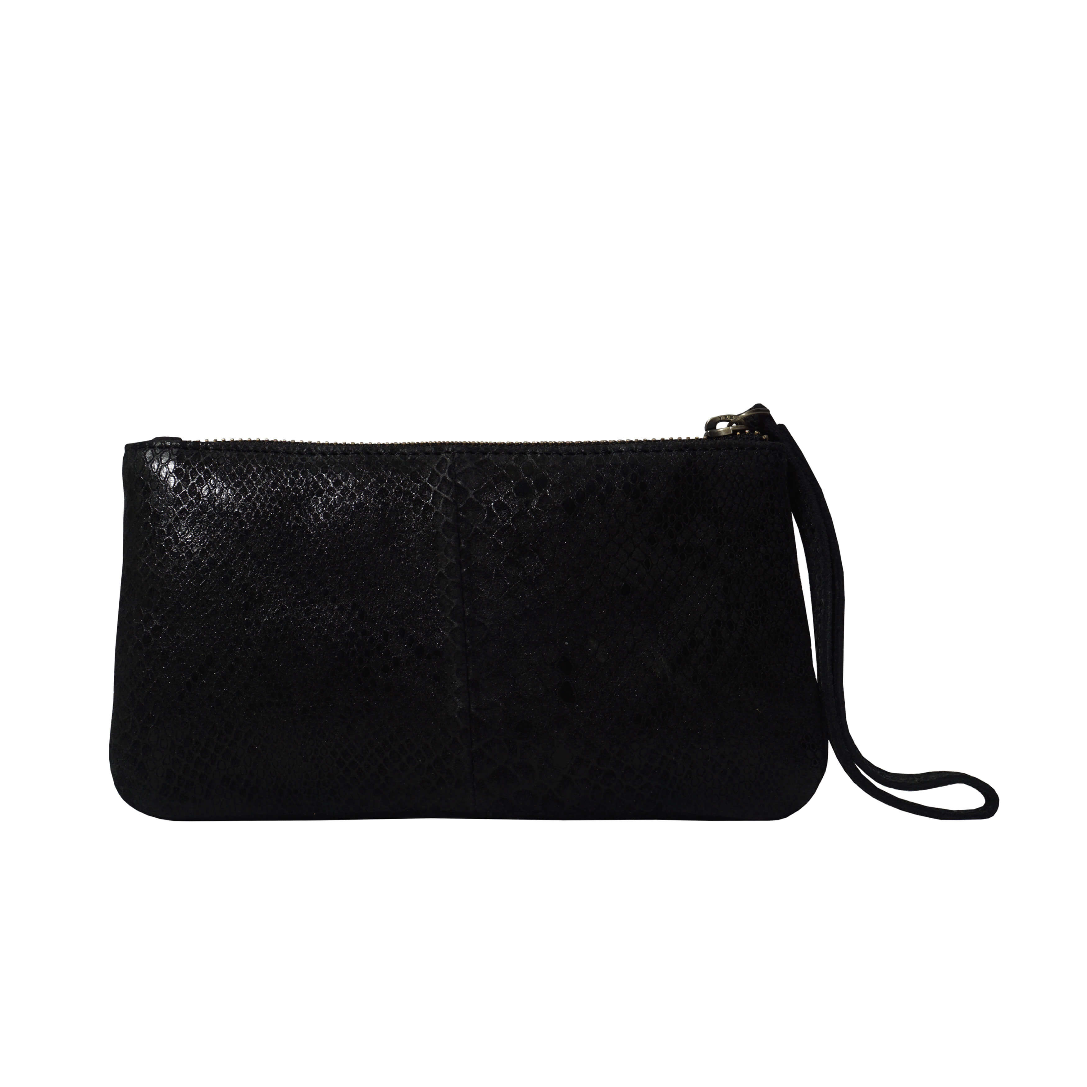 'DARCY' Black Pleated Snake Print Real Leather Wristlet Pouch