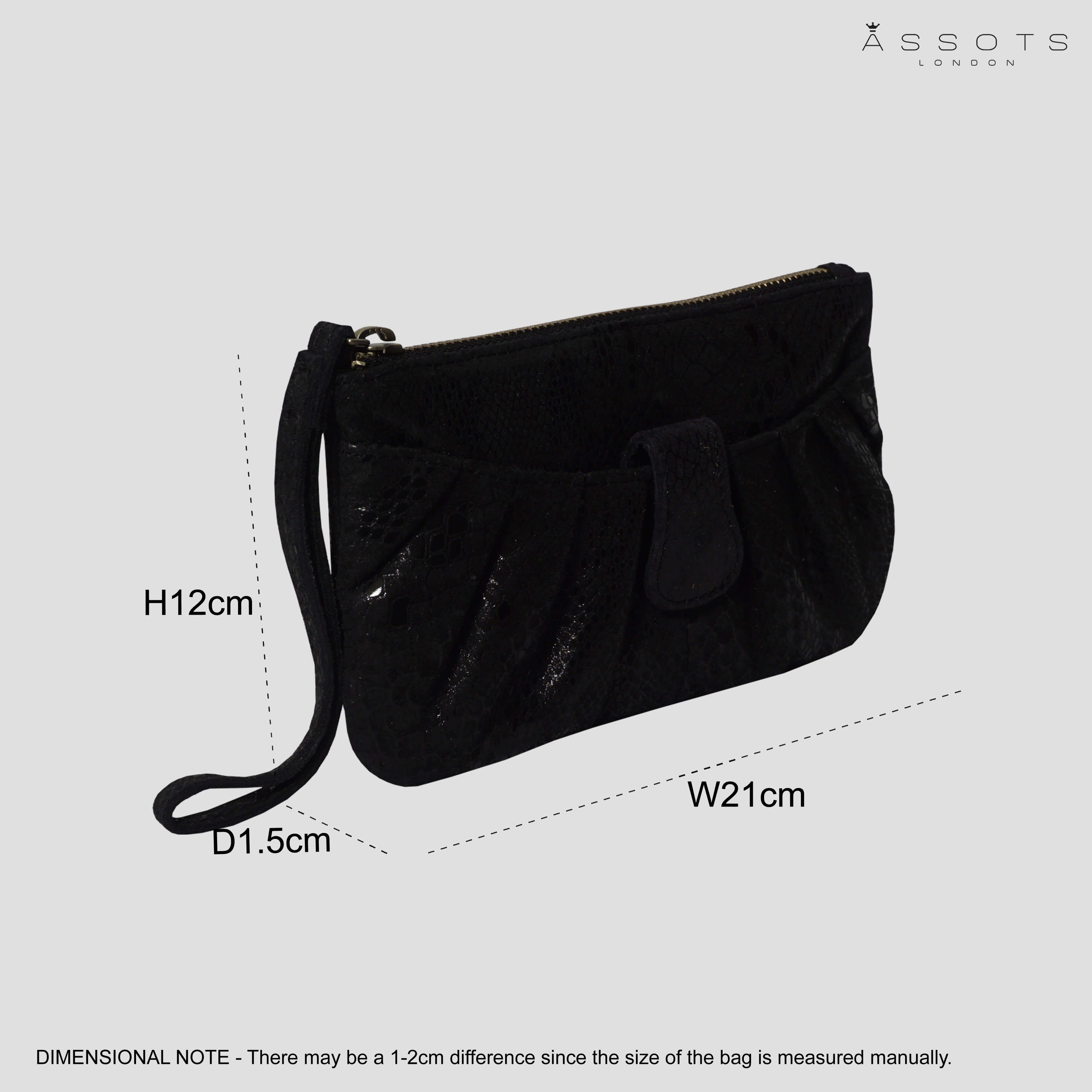 'DARCY' Black Pleated Snake Print Real Leather Wristlet Pouch