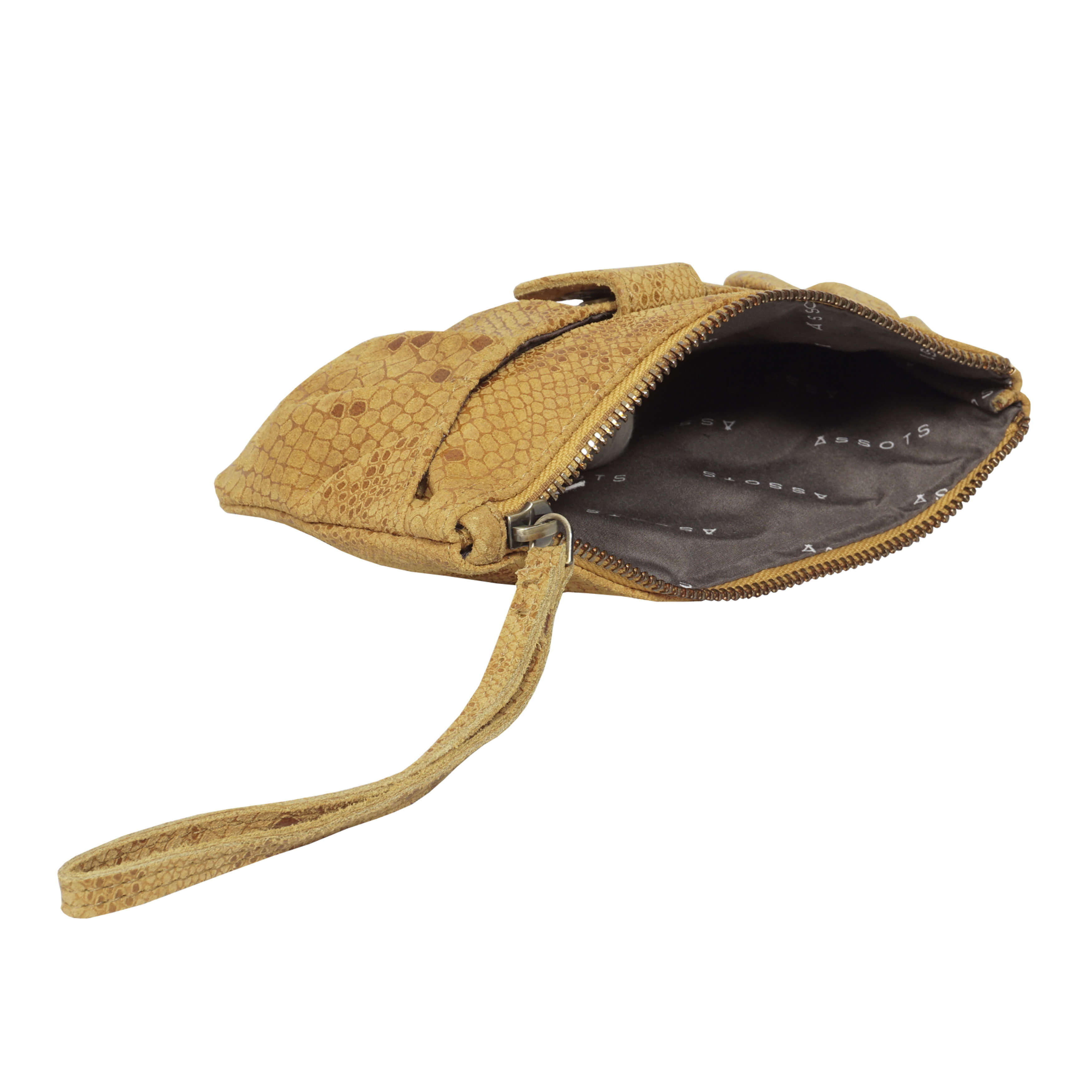 'DARCY' Mustard Pleated Snake Print Real Leather Wristlet Pouch