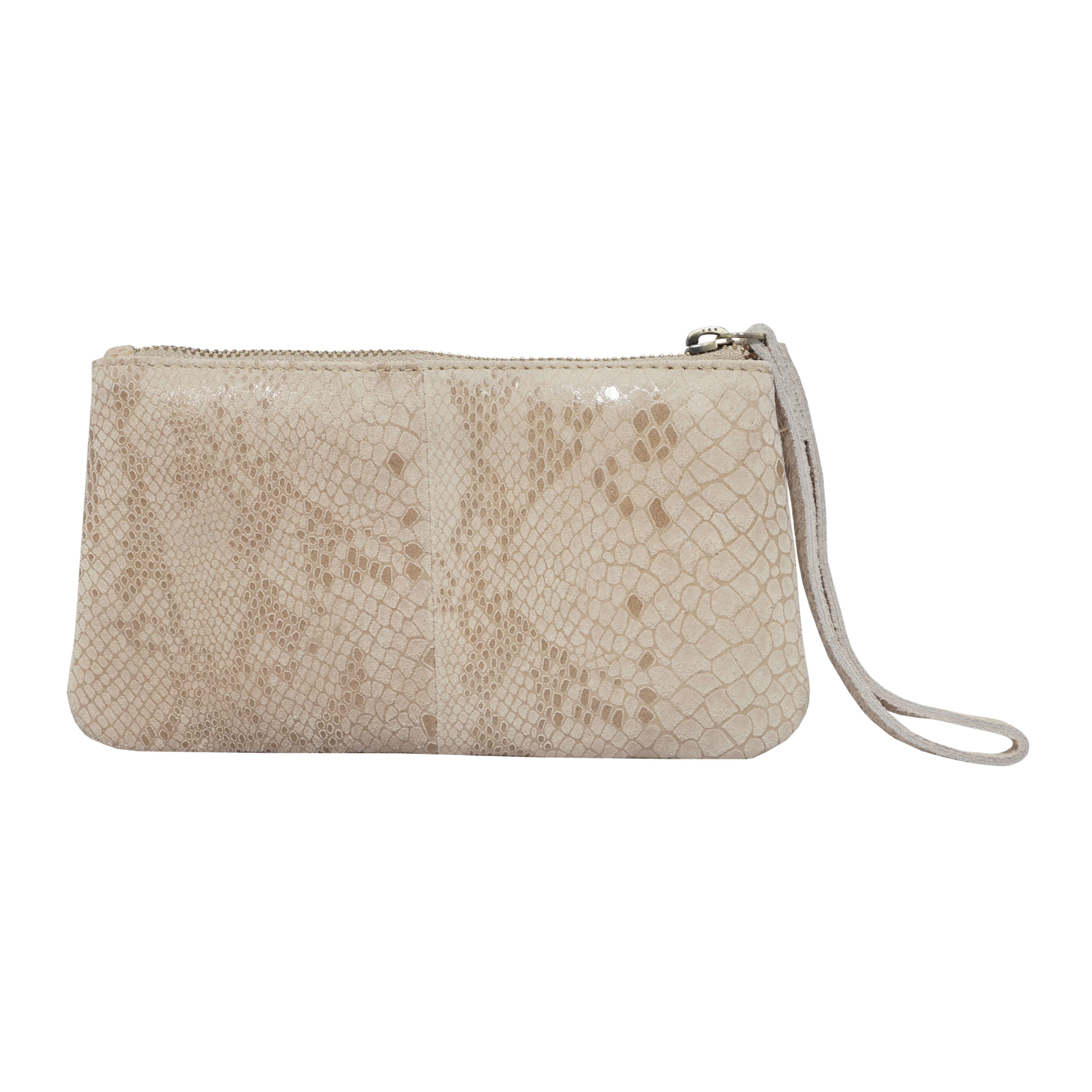 'DARCY' Nude Pleated Snake Print Real Leather Wristlet Pouch