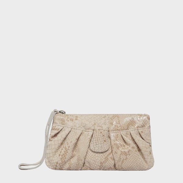 'DARCY' Nude Pleated Snake Print Real Leather Wristlet Pouch