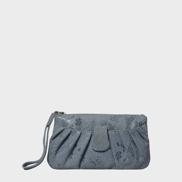 'DARCY' Pastel Blue Pleated Snake Print Real Leather Wristlet Pouch