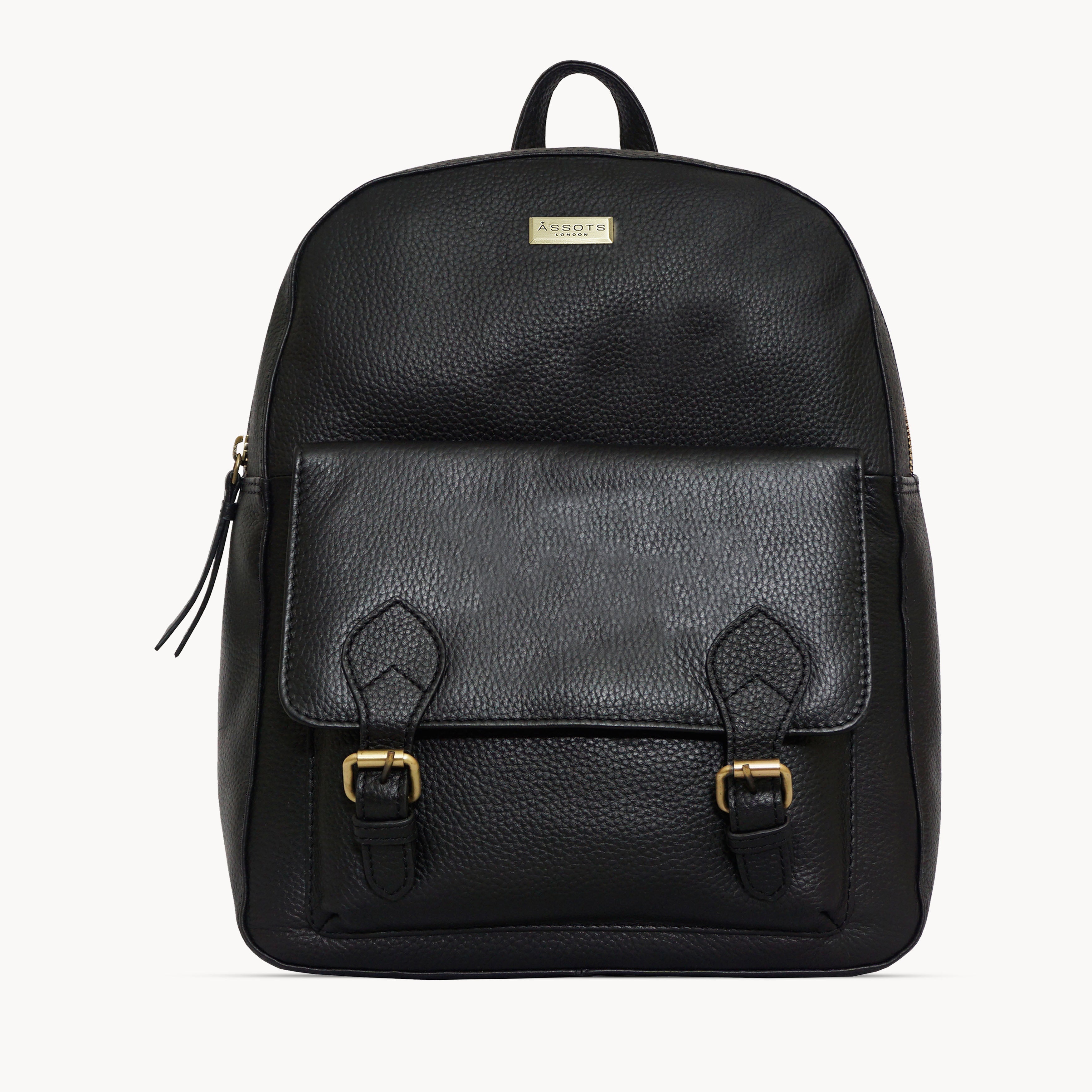'ELDON' Black Pebble Grain Leather Zip Top Large Laptop Backpack