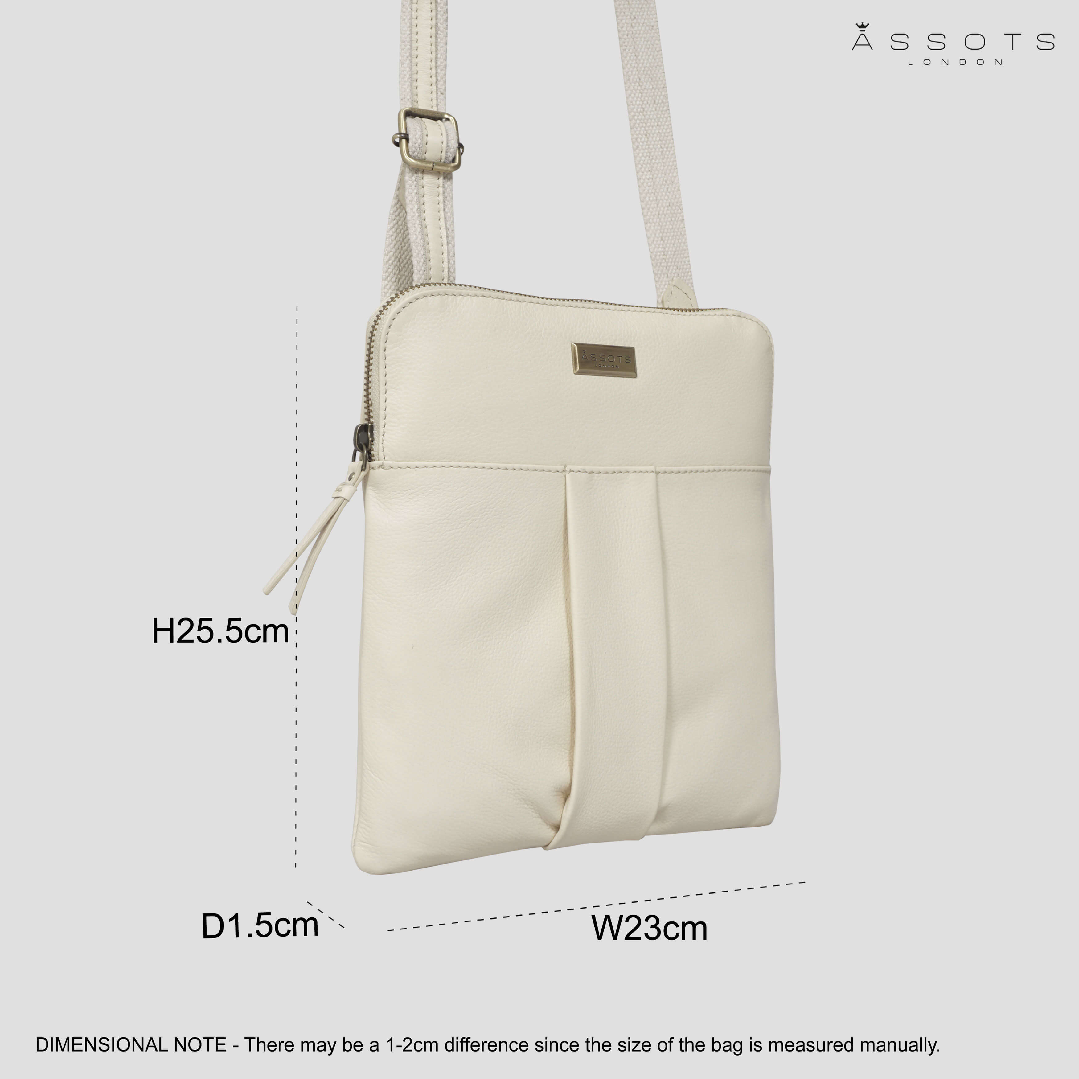 'ELSIE' Cream Pebble Grain Leather Zip Top Crossbody Bag