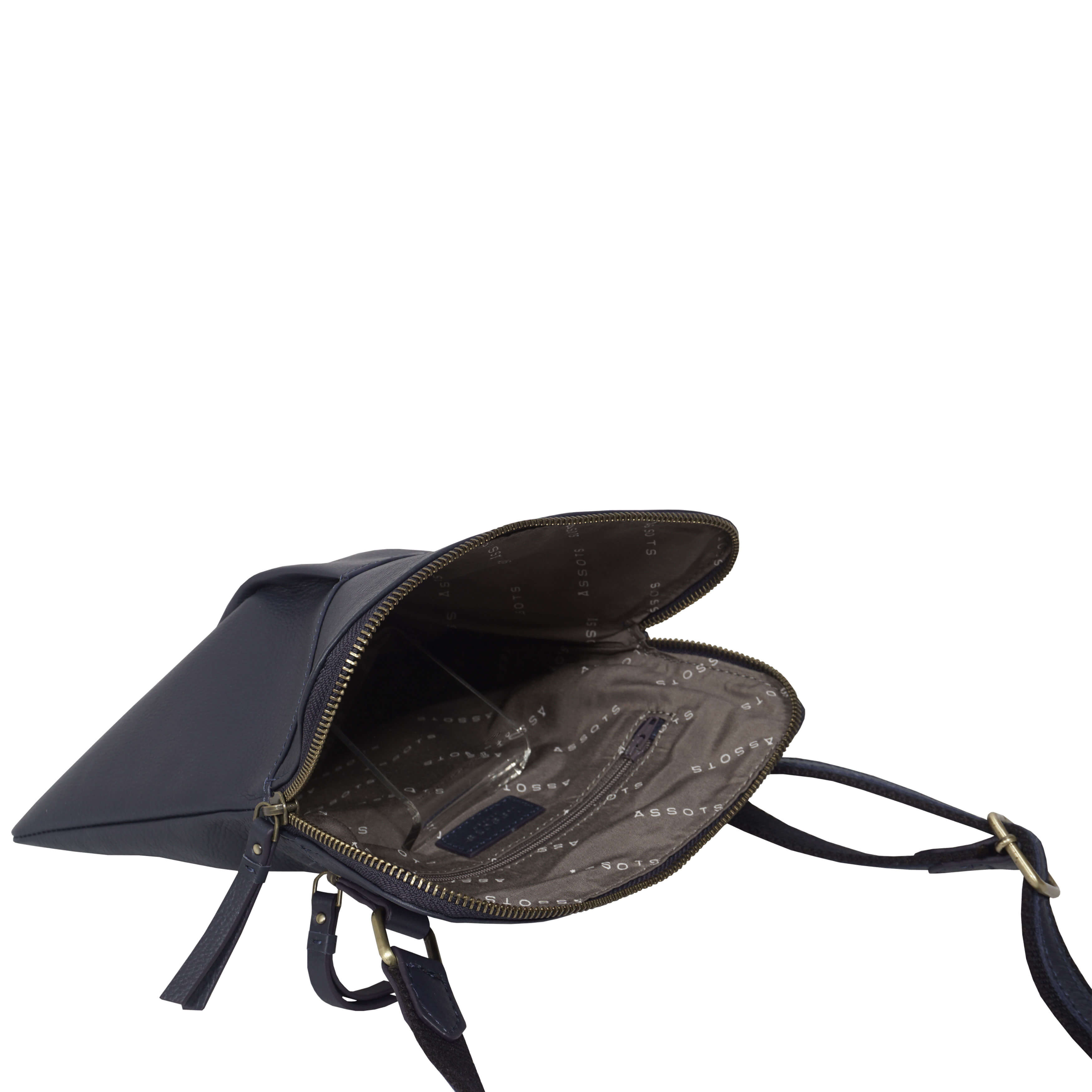 'ELSIE' Navy Pebble Grain Leather Zip Top Crossbody Bag