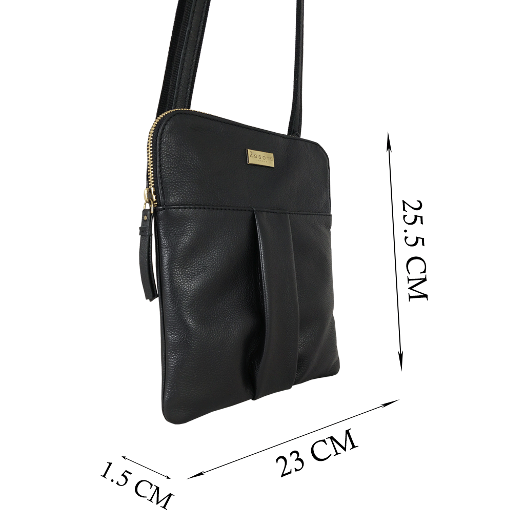 'ELSIE' Black Pebble Grain Leather Zip Top Crossbody Bag