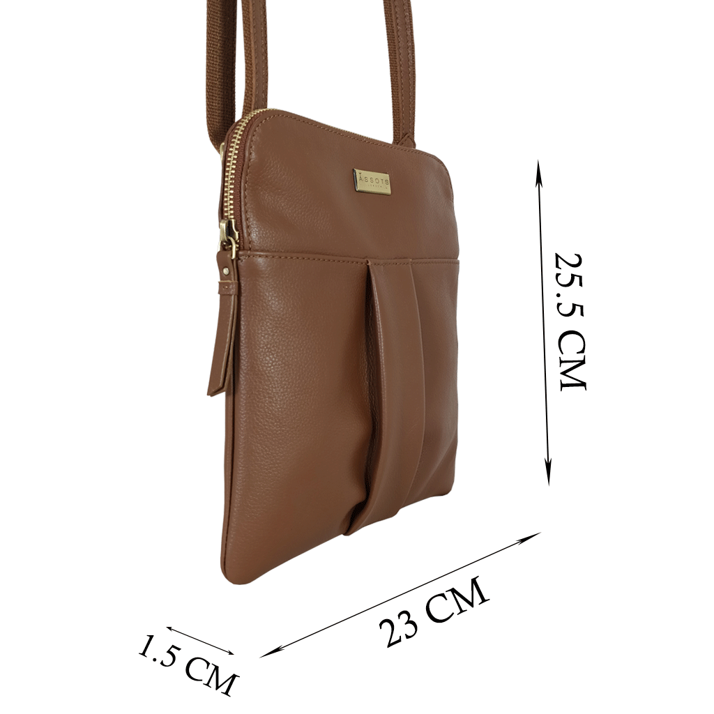 'ELSIE' Tan Pebble Grain Leather Zip Top Crossbody Bag