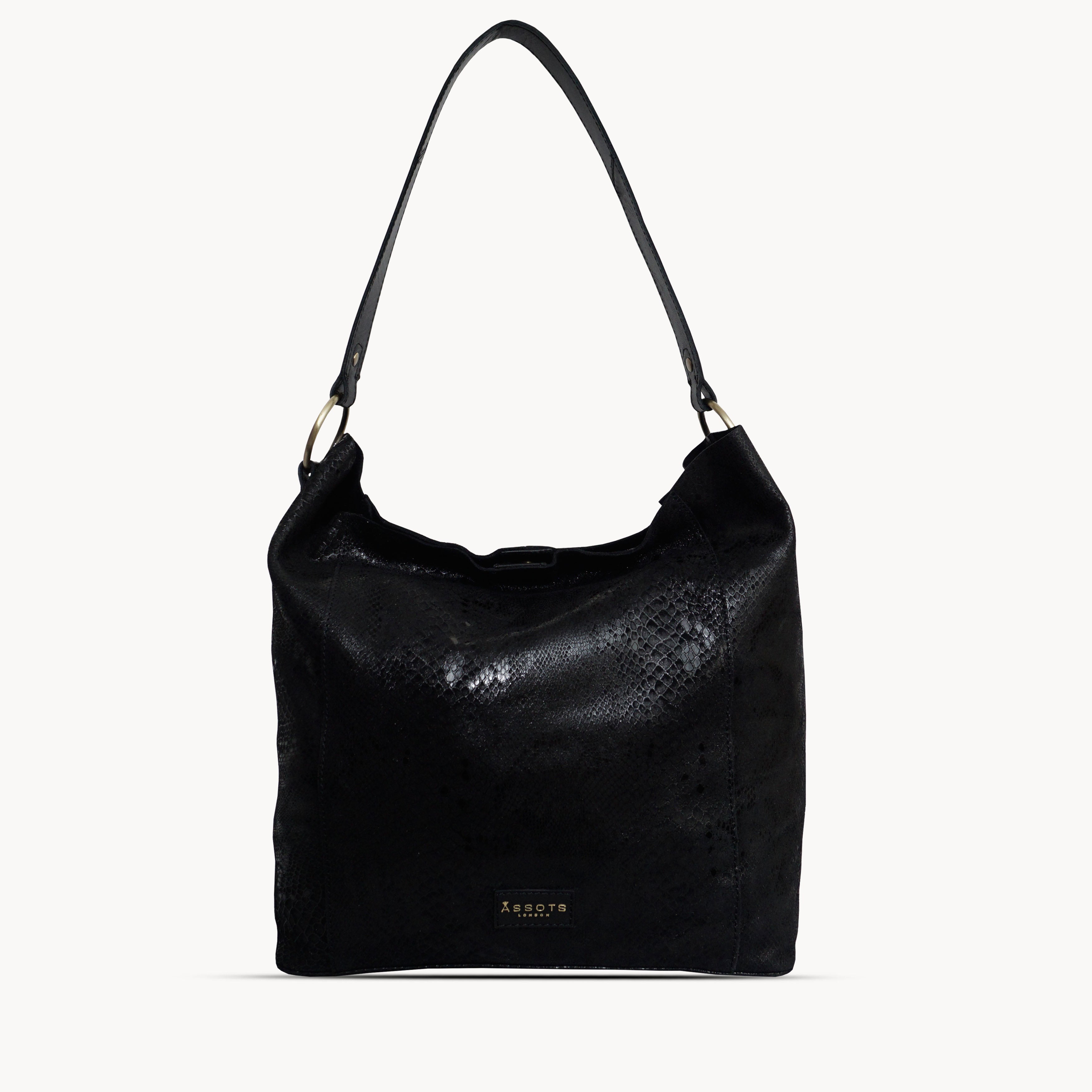 'Esme' Black Python Snake Real Leather Slouchy Hobo Bag
