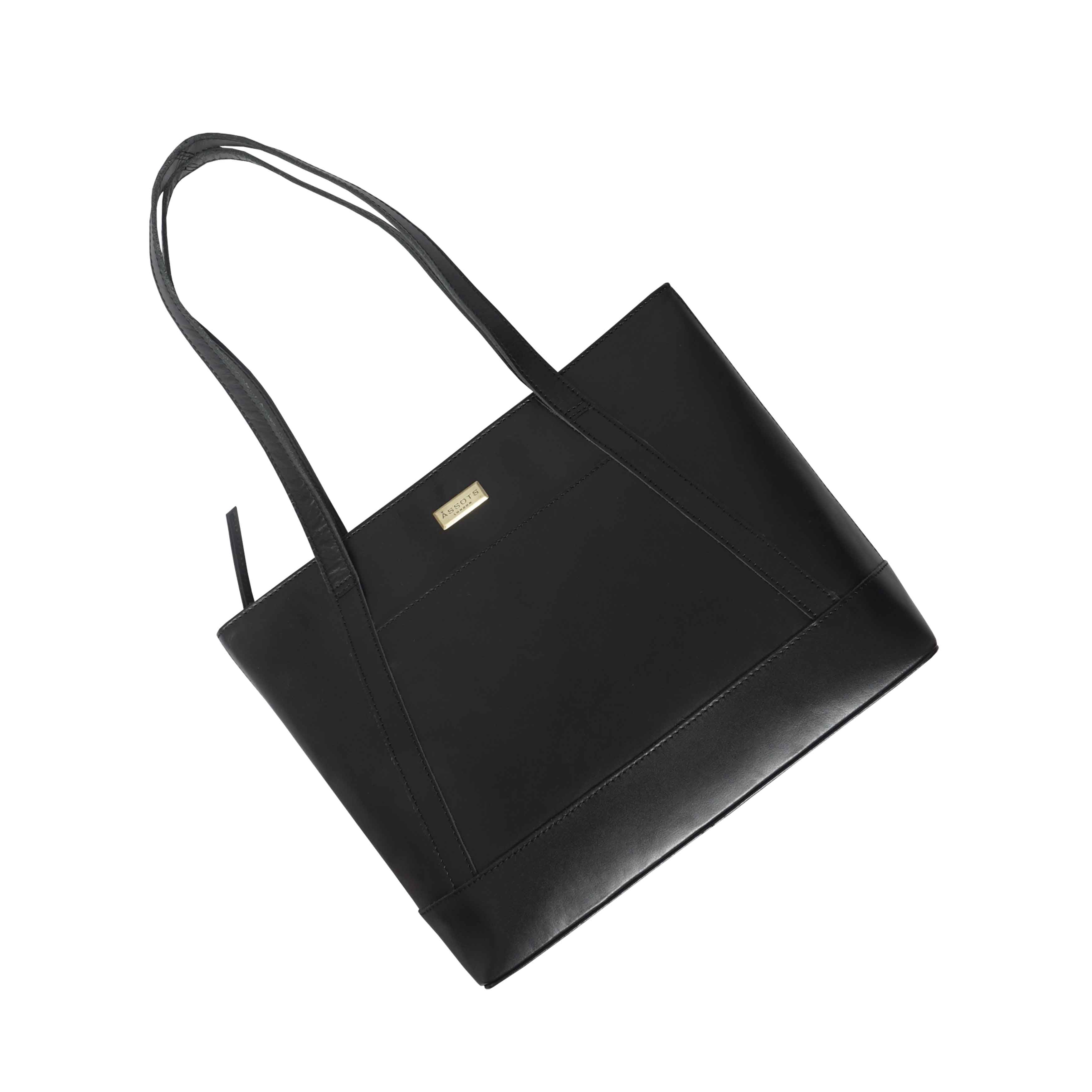 'EVELYN' Black Polished VT Real Leather Designer Tote Work Bag