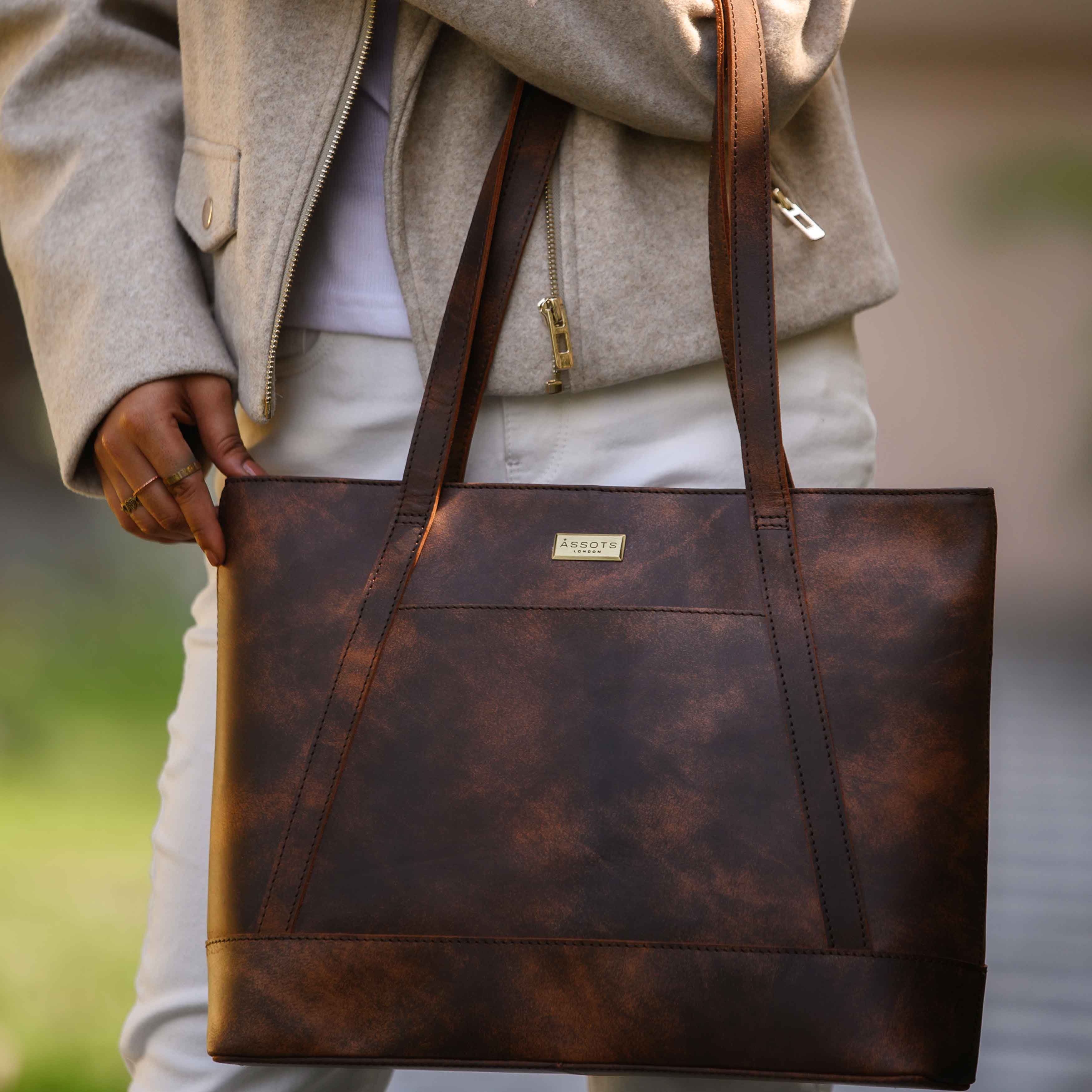 'EVELYN' Brown Crazy Horse Distressed Real Leather Designer Tote Work Bag