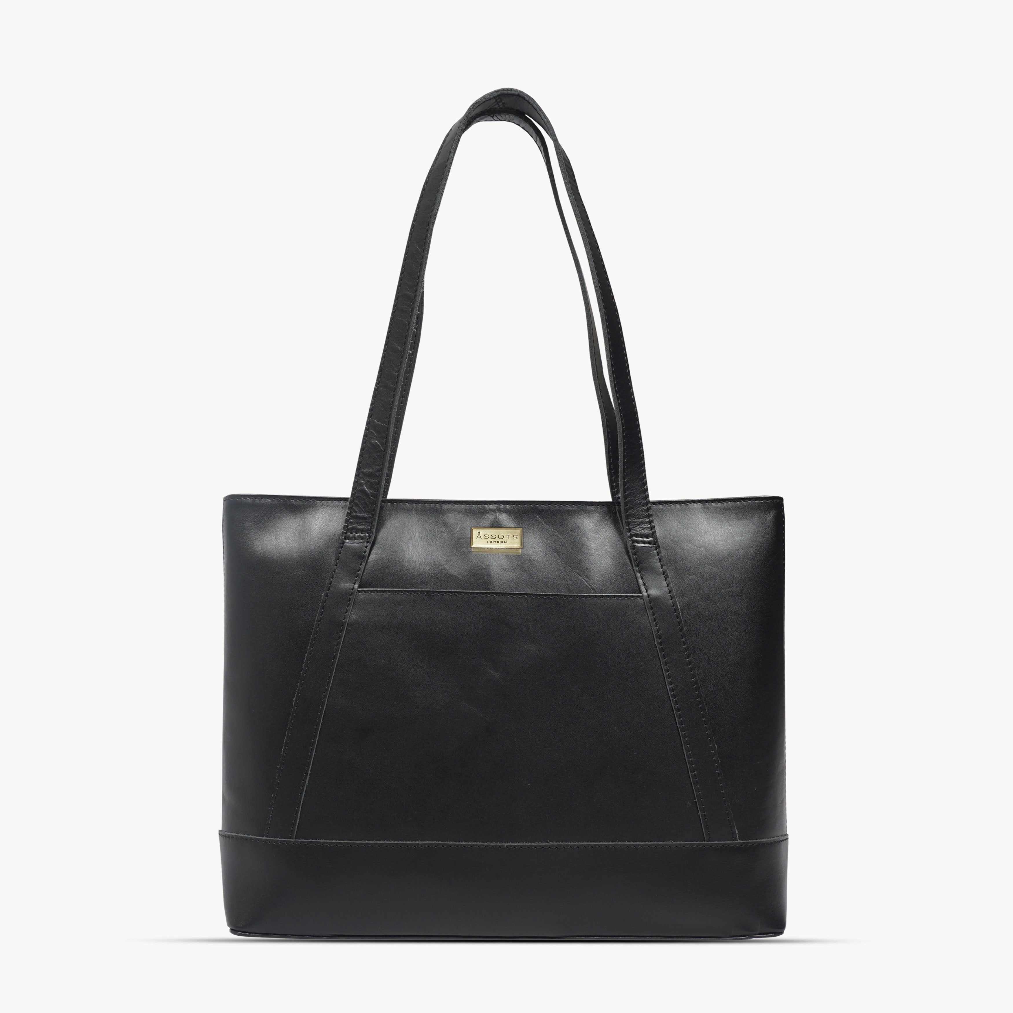 'EVELYN' Black Polished VT Real Leather Designer Tote Work Bag