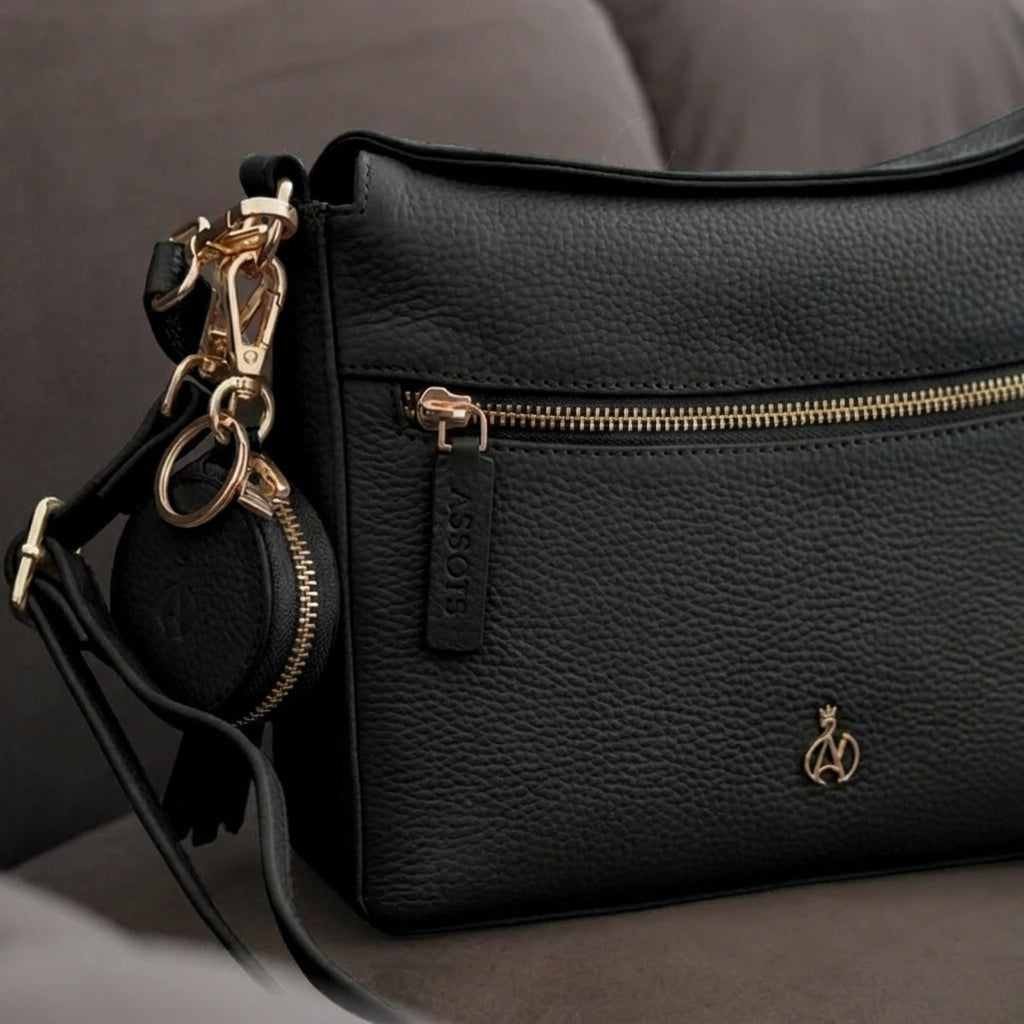'FIONA' Black Pebble Grain Real Leather Shoulder Bag