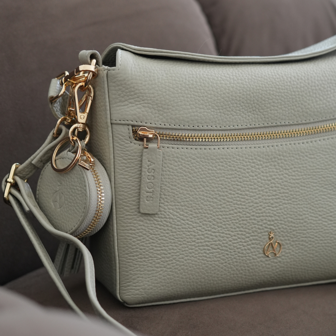 'FIONA' Fog Grey Pebble Grain Real Leather Shoulder Bag
