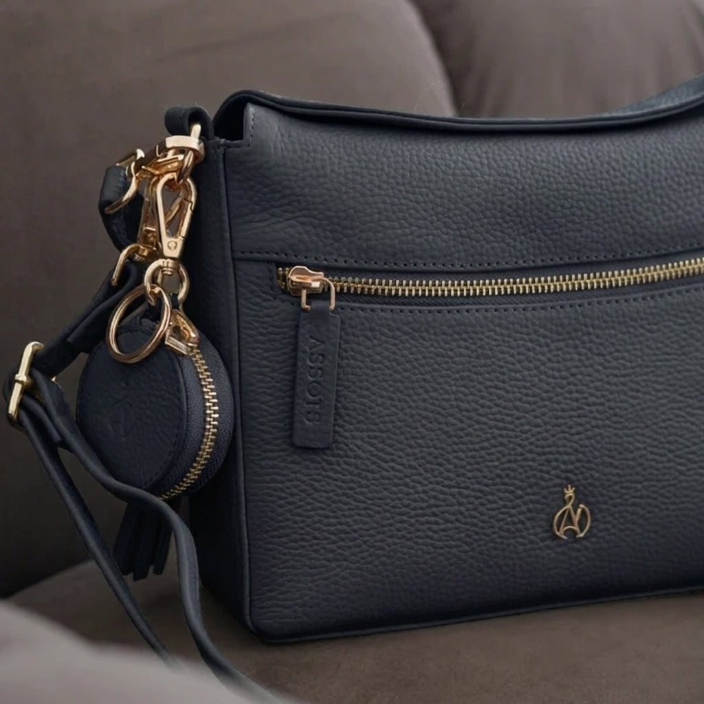'FIONA' Navy Pebble Grain Real Leather Shoulder Bag