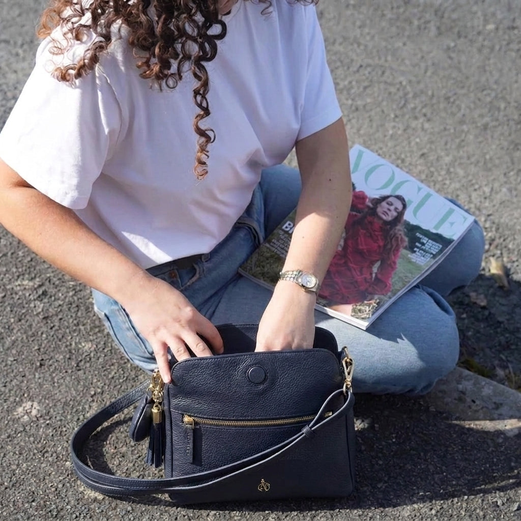 'FIONA' Navy Pebble Grain Real Leather Shoulder Bag