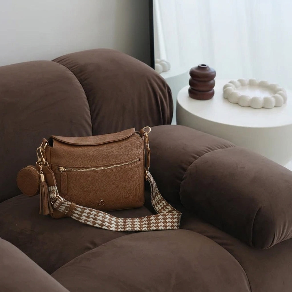 'FIONA' Tan Pebble Grain Real Leather Shoulder Bag