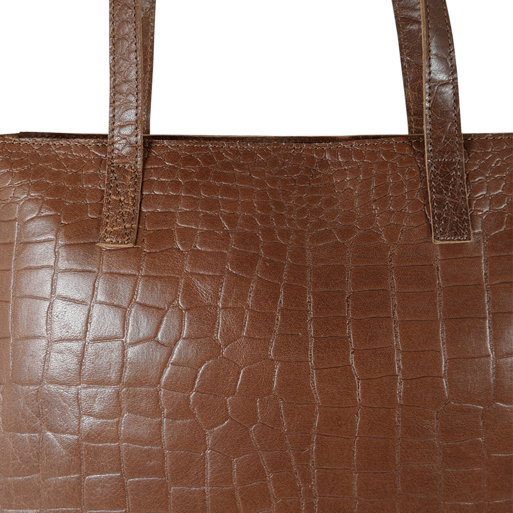'FREYA' Tan Semi Structured Unlined Croc Leather Tote Bag