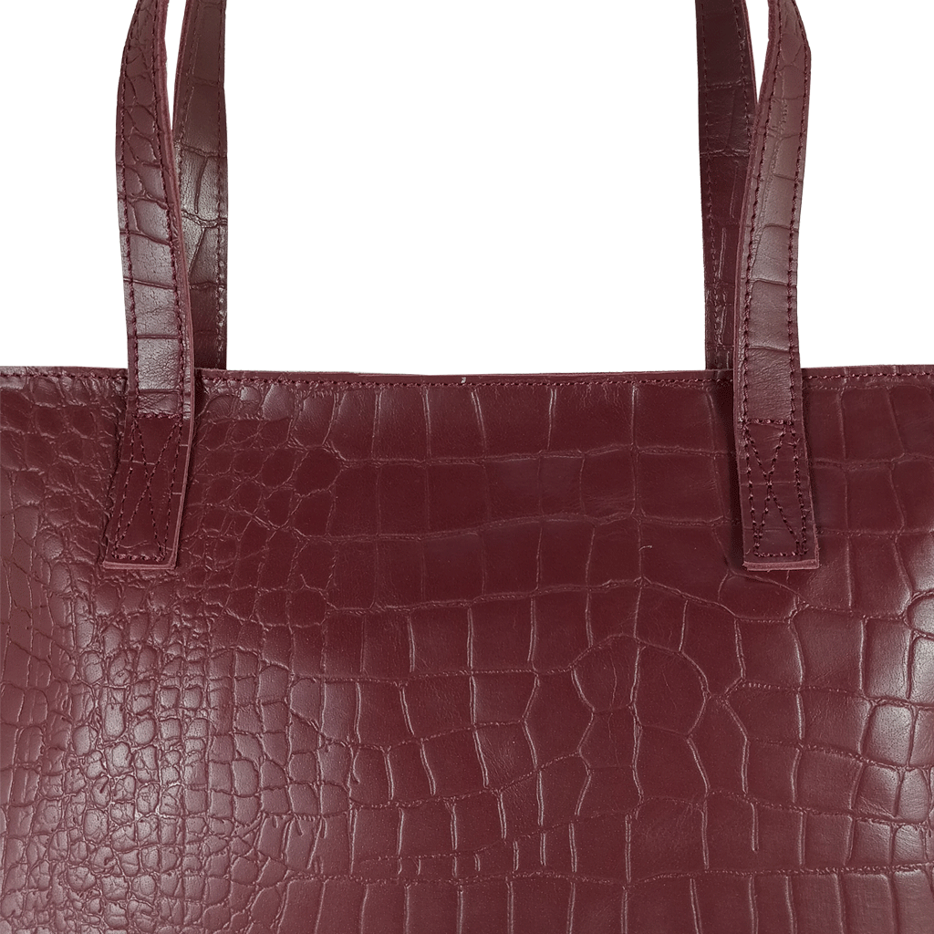 'FREYA' Burgundy Semi Structured Unlined Croc Leather Tote Bag