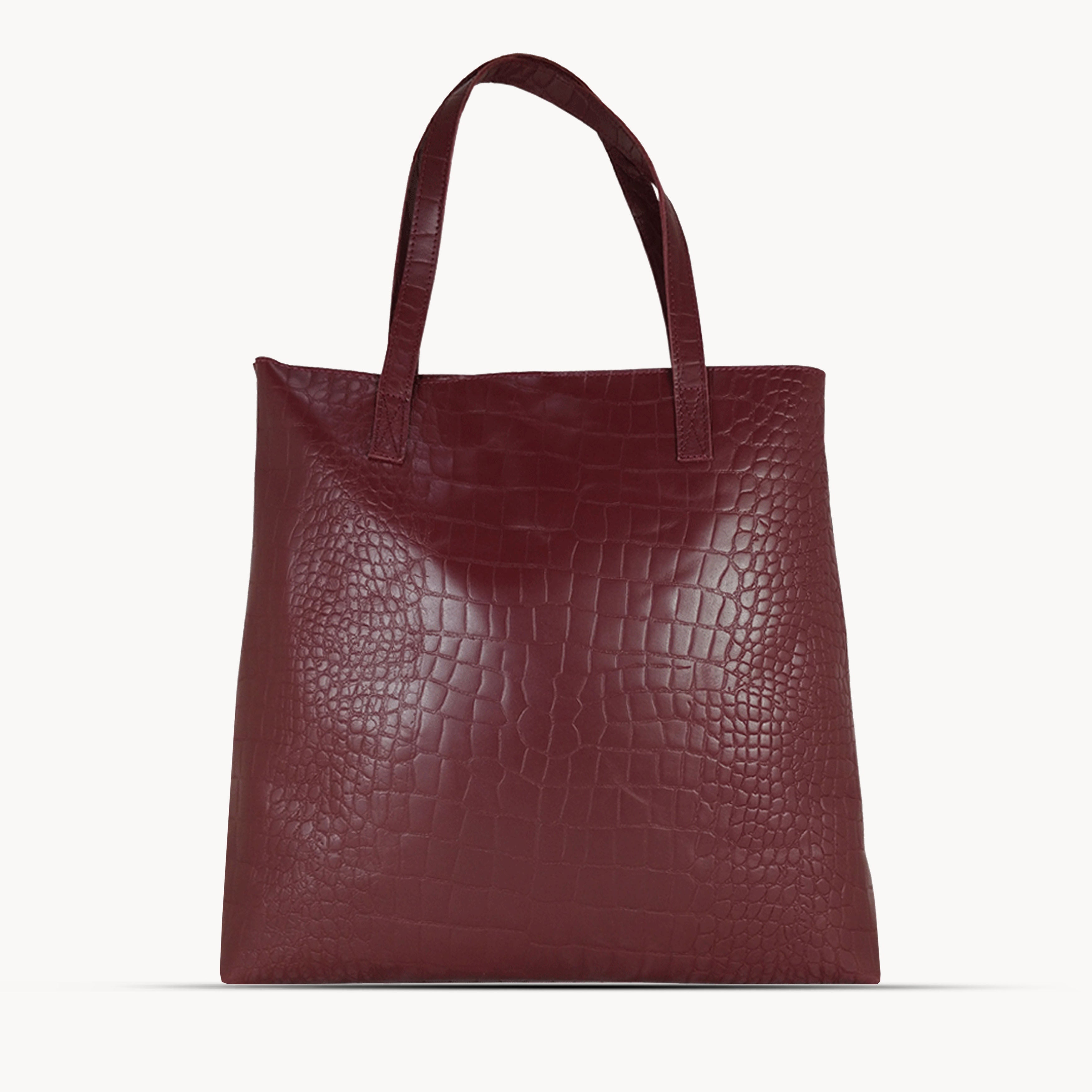 'FREYA' Burgundy Semi Structured Unlined Croc Leather Tote Bag