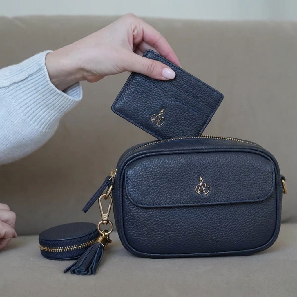 'HACKNEY MINI' Navy Pebble Grain Real Leather Crossbody Bag