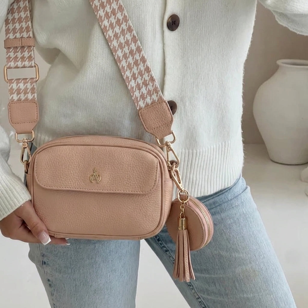 'HACKNEY MINI' Peach Pebble Grain Real Leather Crossbody Bag