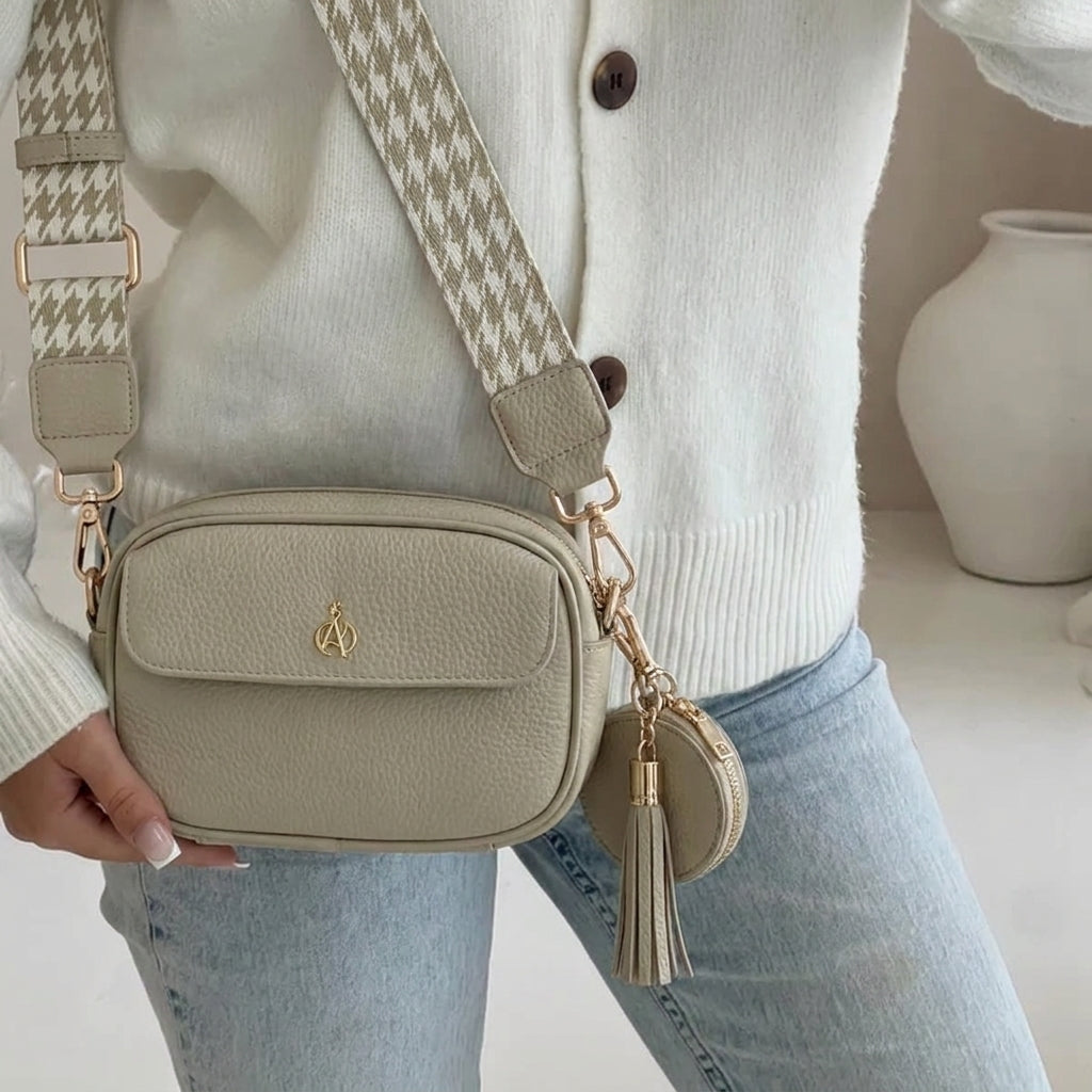 'HACKNEY MINI' Fog Grey Pebble Grain Real Leather Crossbody Bag