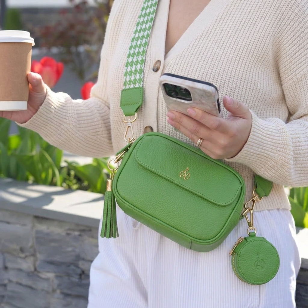 'HACKNEY MINI' Matcha Green Pebble Grain Real Leather Crossbody Bag