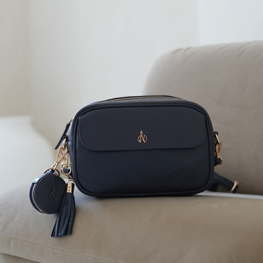 'HACKNEY' Navy Pebble Grain Real Leather Crossbody Bag