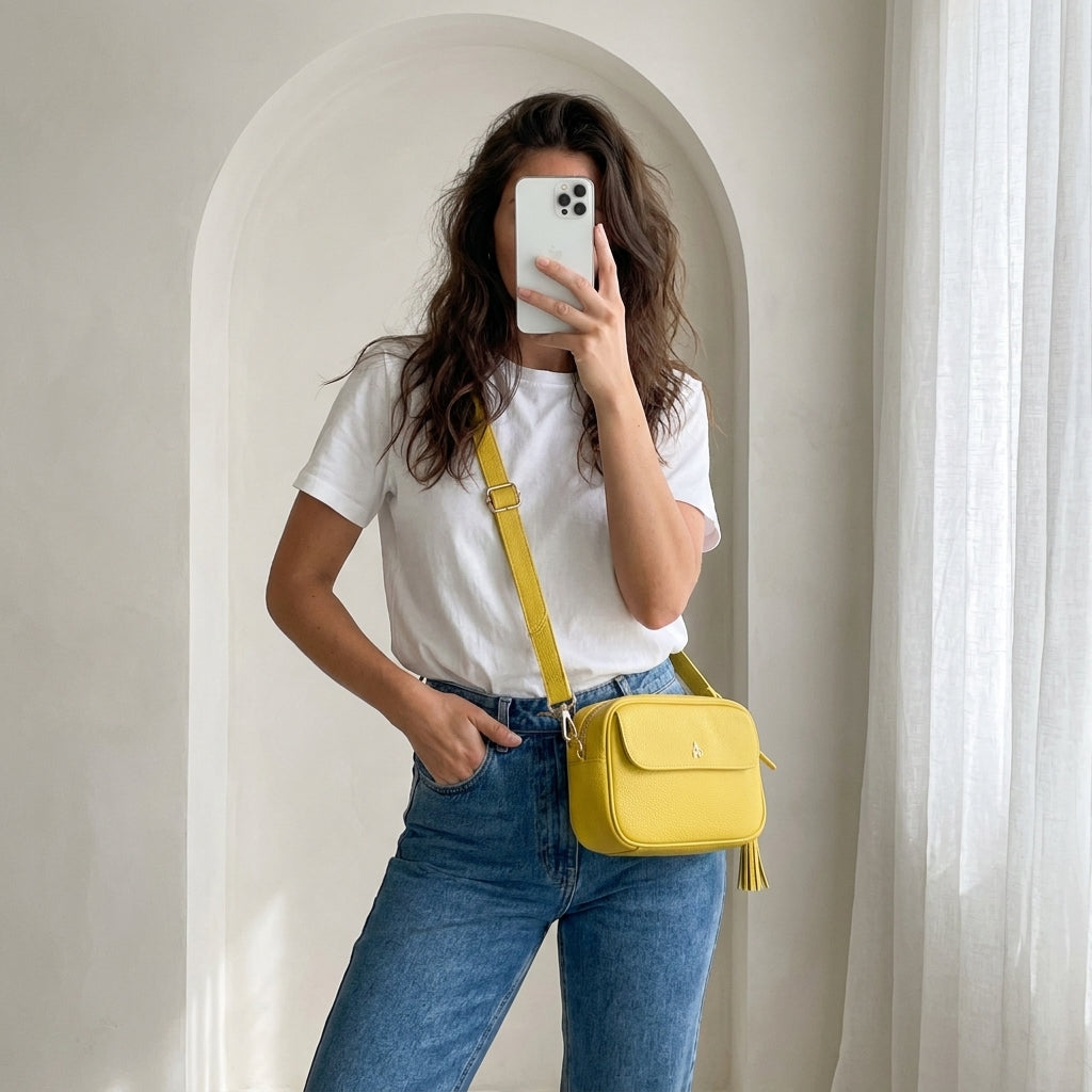 'HACKNEY' Sunflower Pebble Grain Real Leather Crossbody Bag
